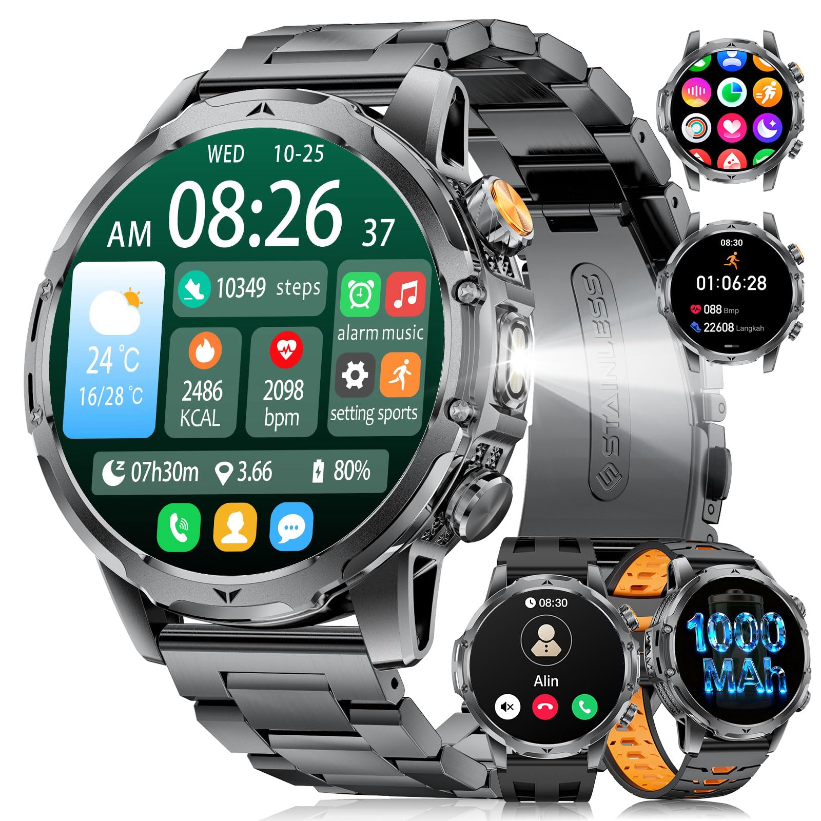 Smartwatch Herren mit 1000 mAh Akku/LED Taschenlampen, 1.53" HD Militär Smart Watch mit Telefonfunktion für Android iOS, 120+ Sportmodi/Schlafmonitor/IP68 Sportuhr, 3 Armbänder