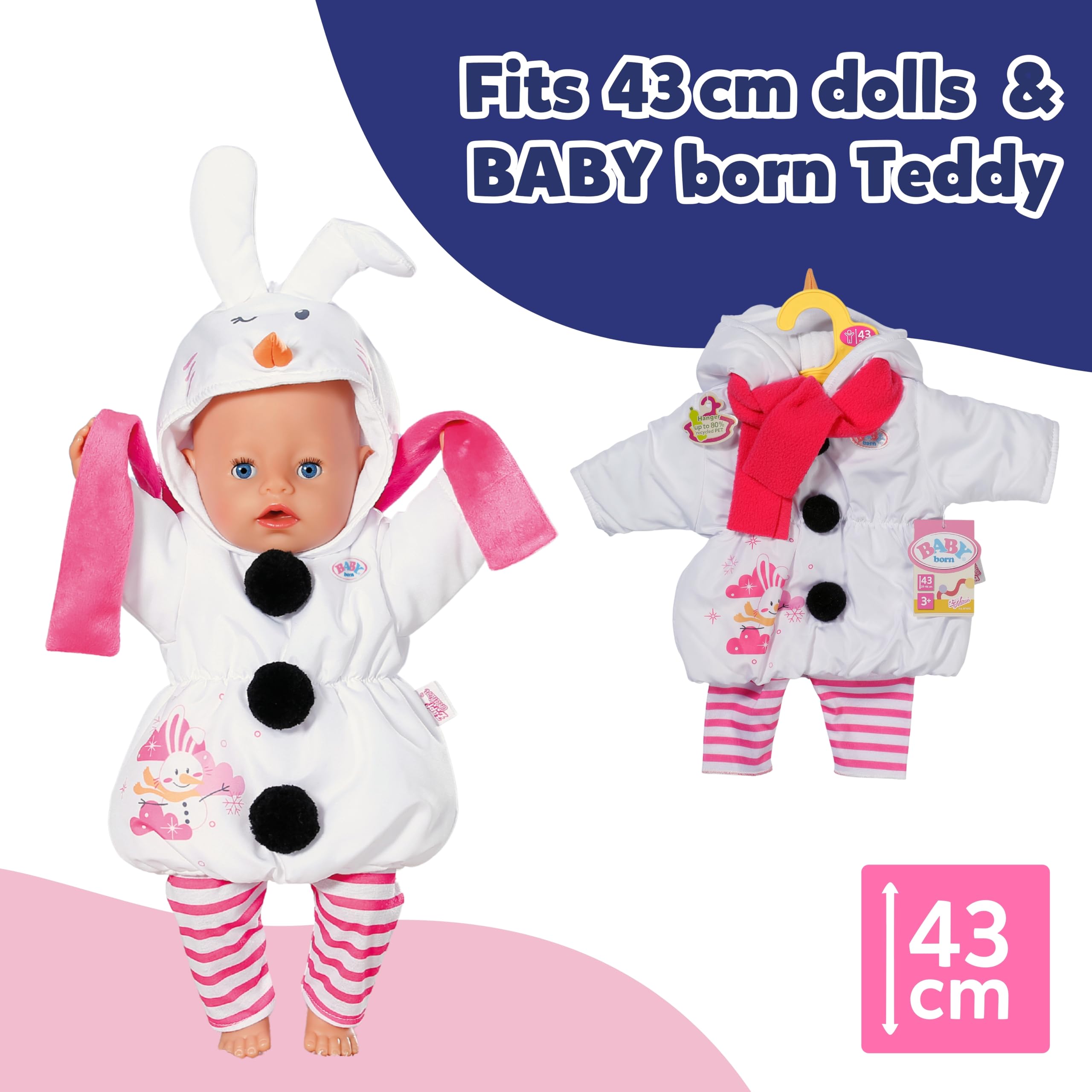 BABY born Snowman Costume - Overall, Leggings & Scarf Doll Clothing - Doll Accessory for 43 cm Dolls, Pink - Image 4