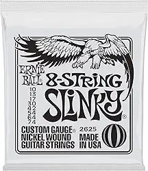 Cordas de guitarra elétrica 8 cordas Ernie Ball Skinny Top Heavy Bottom Slinky Nickel Wound P02625, calibre 10-74
