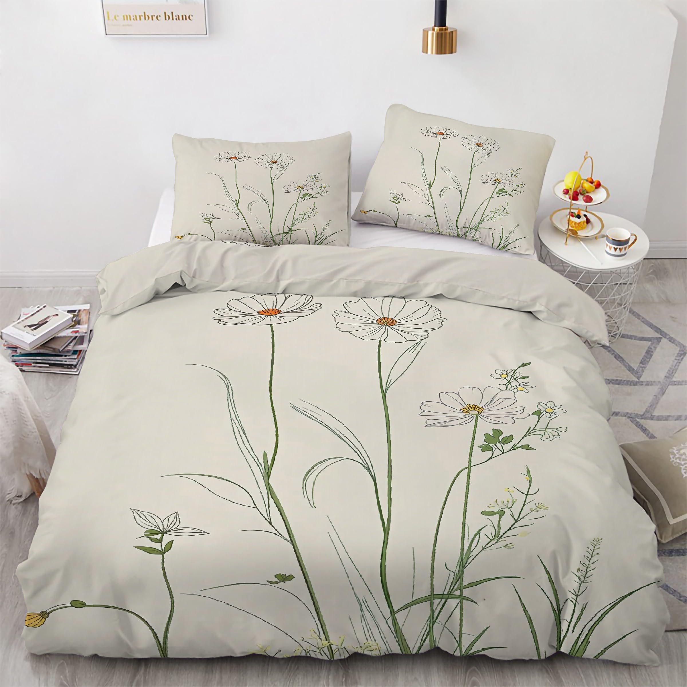 Housse de Couette 160x200 Marguerite Anti-Glissement avec Fermeture Éclair Pratique