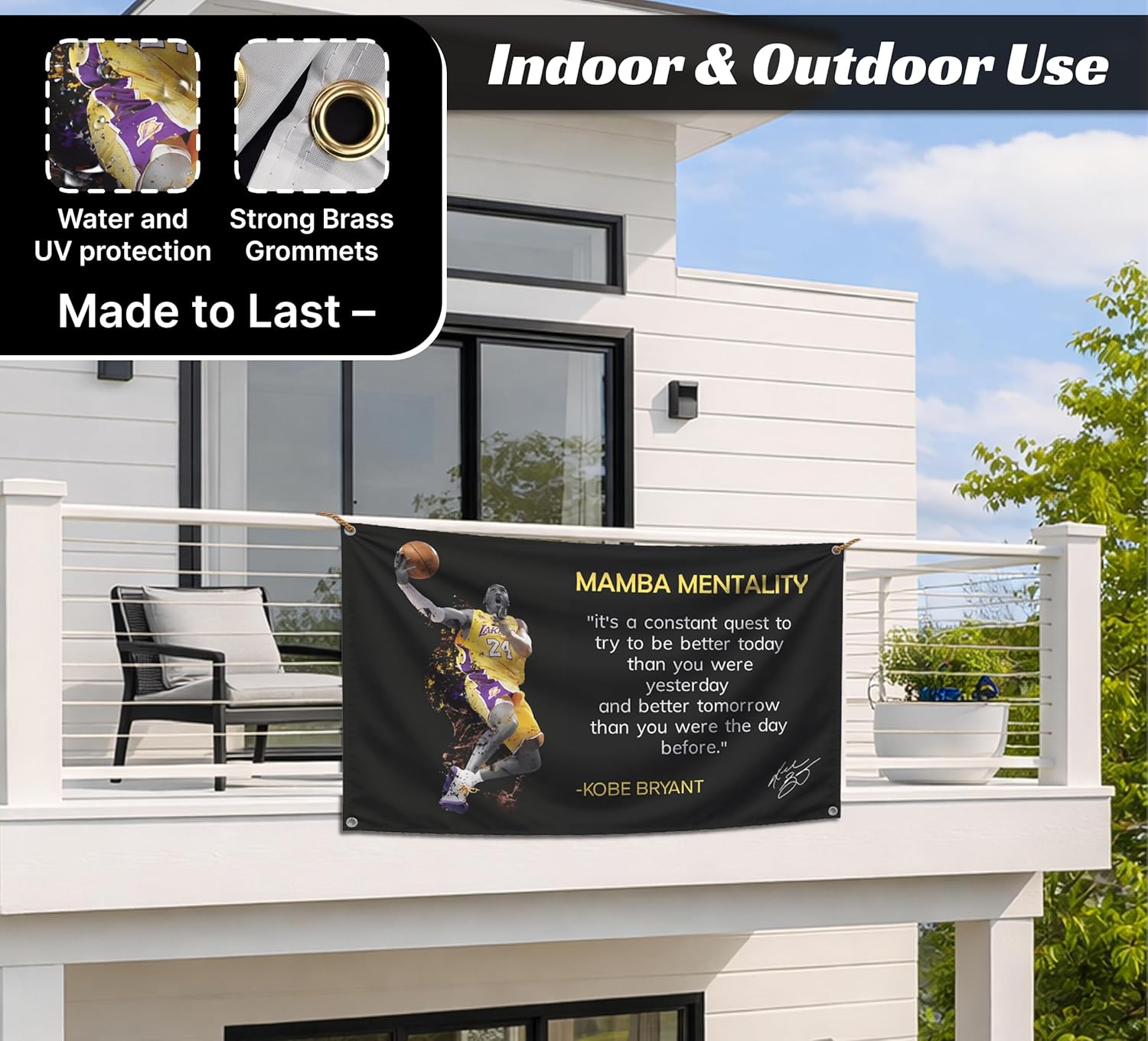 3x5 Feet NBA Basketball Player Sports Flag with Four Brass Grommets - Kobe Mamba Mentality Quote Banner - Motivational Artwork for Home or Office - Inspirational Wall Decoration for Gym - Image 4