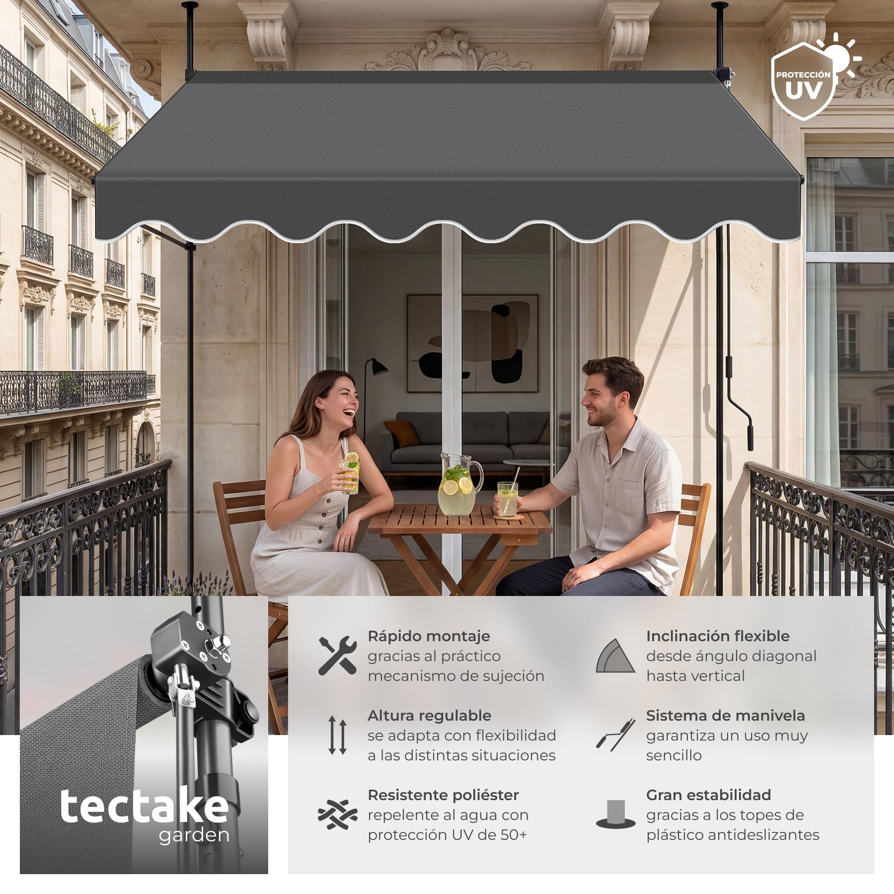 tectake® Toldo Terraza Manual Regulable en Altura con Manivela, Toldo Balcón sin Taladros, Extensible Terraza, Resistente a Rayos UV, Protección Solar y Repelente al Agua - 200 cm - Negro/Gris