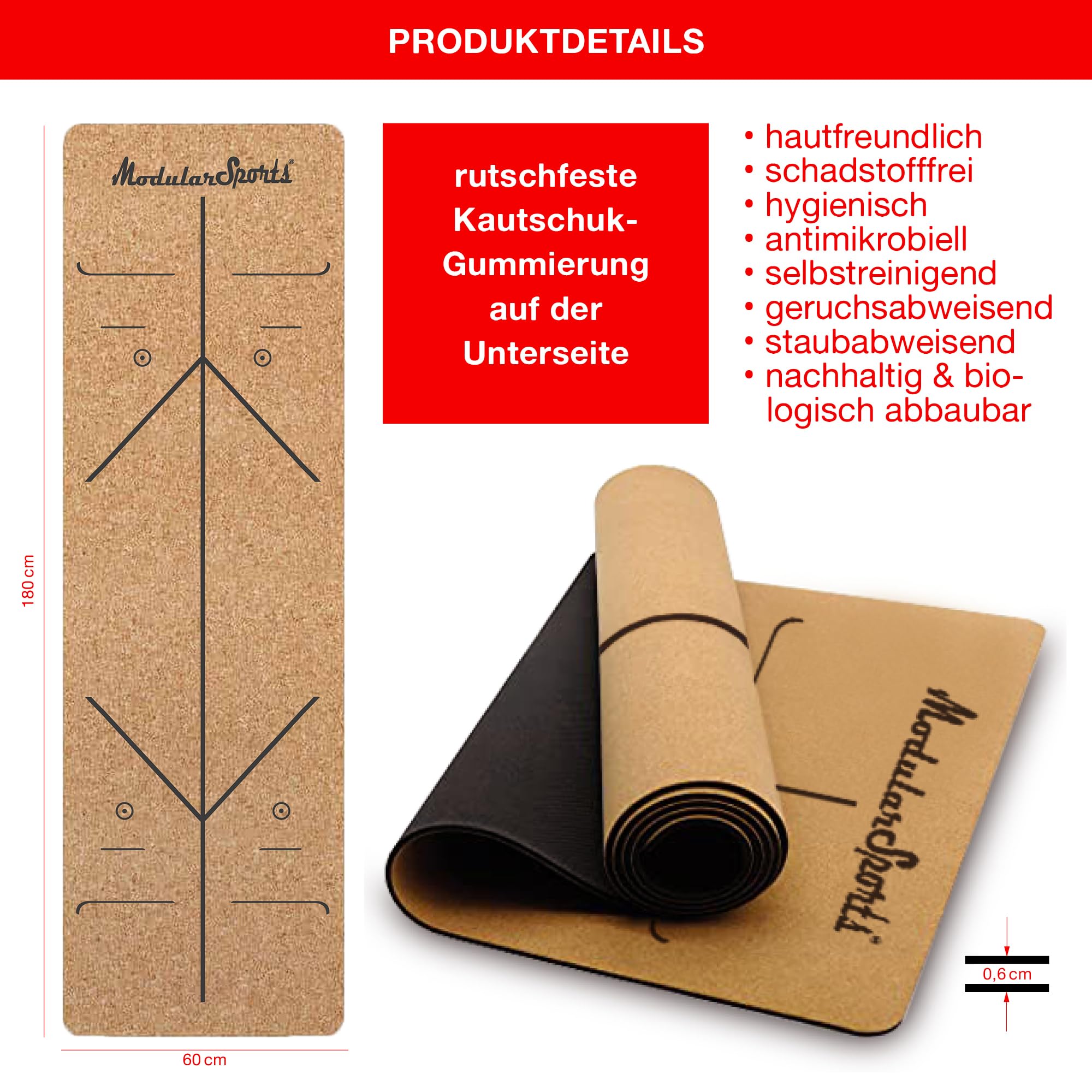 ModularSports esterilla de yoga de corcho con líneas de alineación / esterilla de yoga de corcho de caucho natural 180 x 60 cm / esterilla de yoga sostenible de corcho de 8 mm de grosor