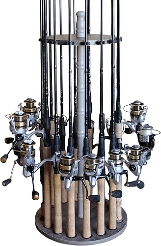 Rush Creek Creations - Soporte redondo de almacenamiento para 16 cañas de pescar, color madera de granero