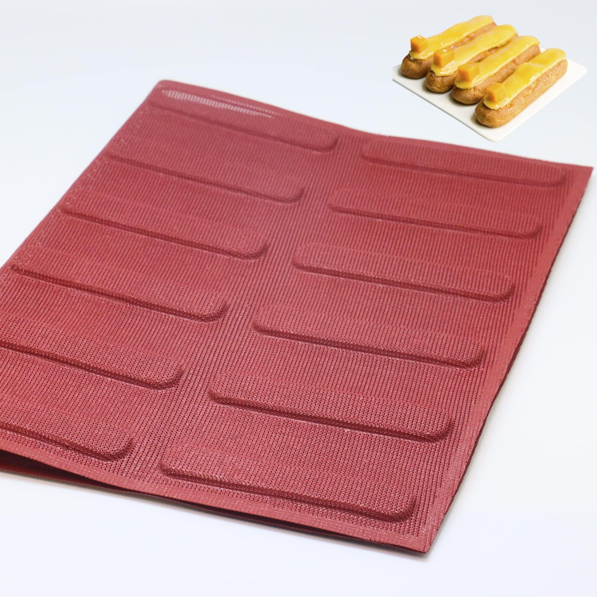 Silicone Eclair puff Baguette Pan - Non-stick Perforated Fench Bread Pan Forms, Hot Dog Molds, Baking Liners Mat Bread Mould (24 cavities)