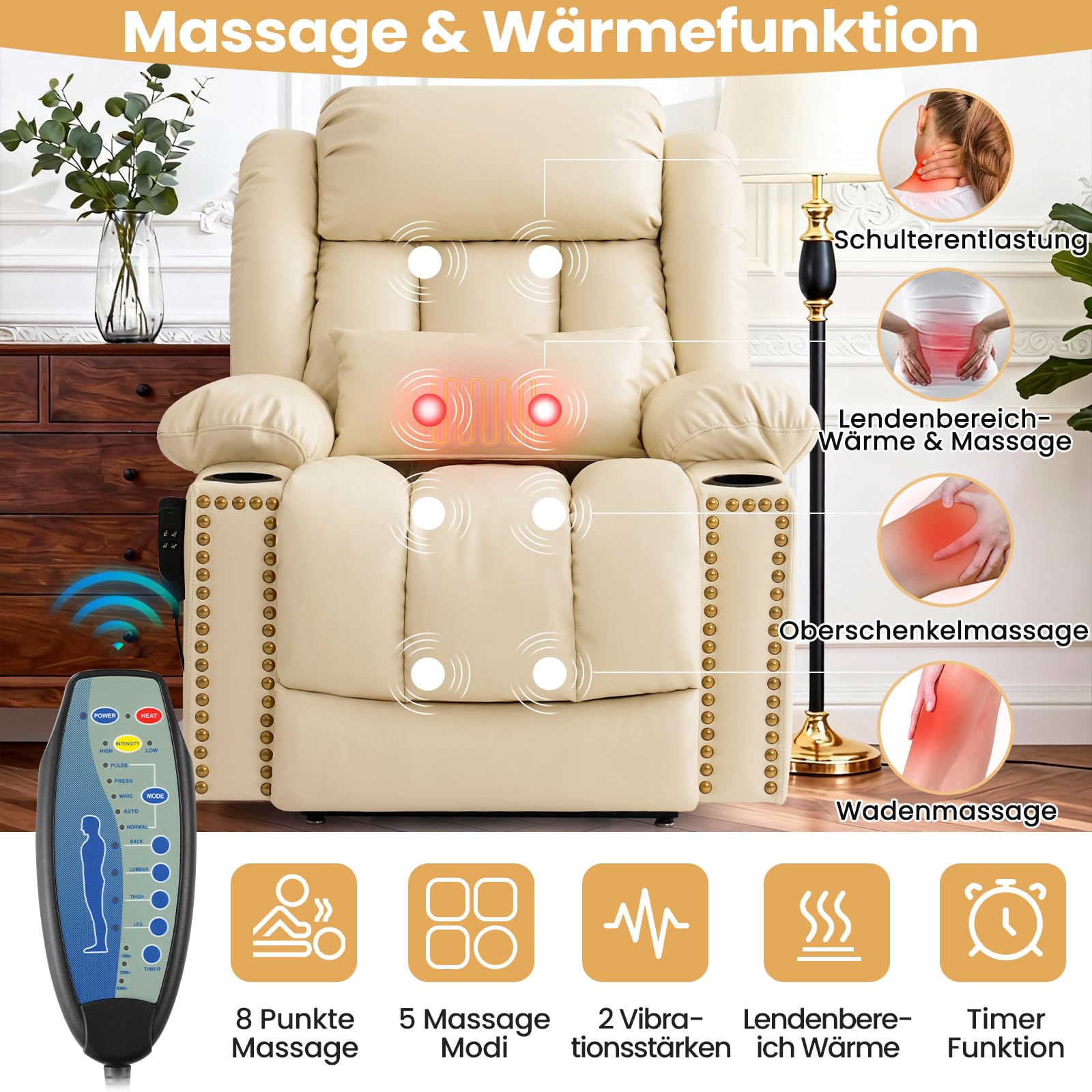 DUANDUAN 2 Motoren Relaxsessel Elektrisch mit Liegefunktion, Massagesessel Fernsehsessel mit Aufstehhilfe, 180° Verstellbar, Beige