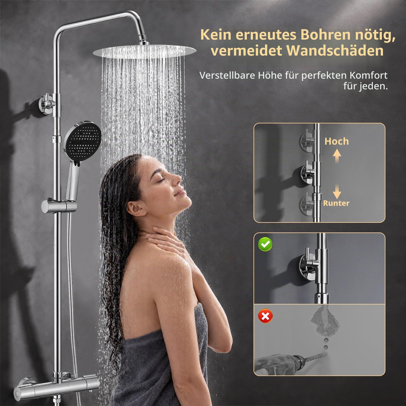 HOMELODY Duschsystem mit Thermostat Chrom, 300 mm Regendusche | 6 Funktionen Handbrause, Duscharmatur Edelstahl Regendusche mit Armatur, Duscharmatur Komplettset