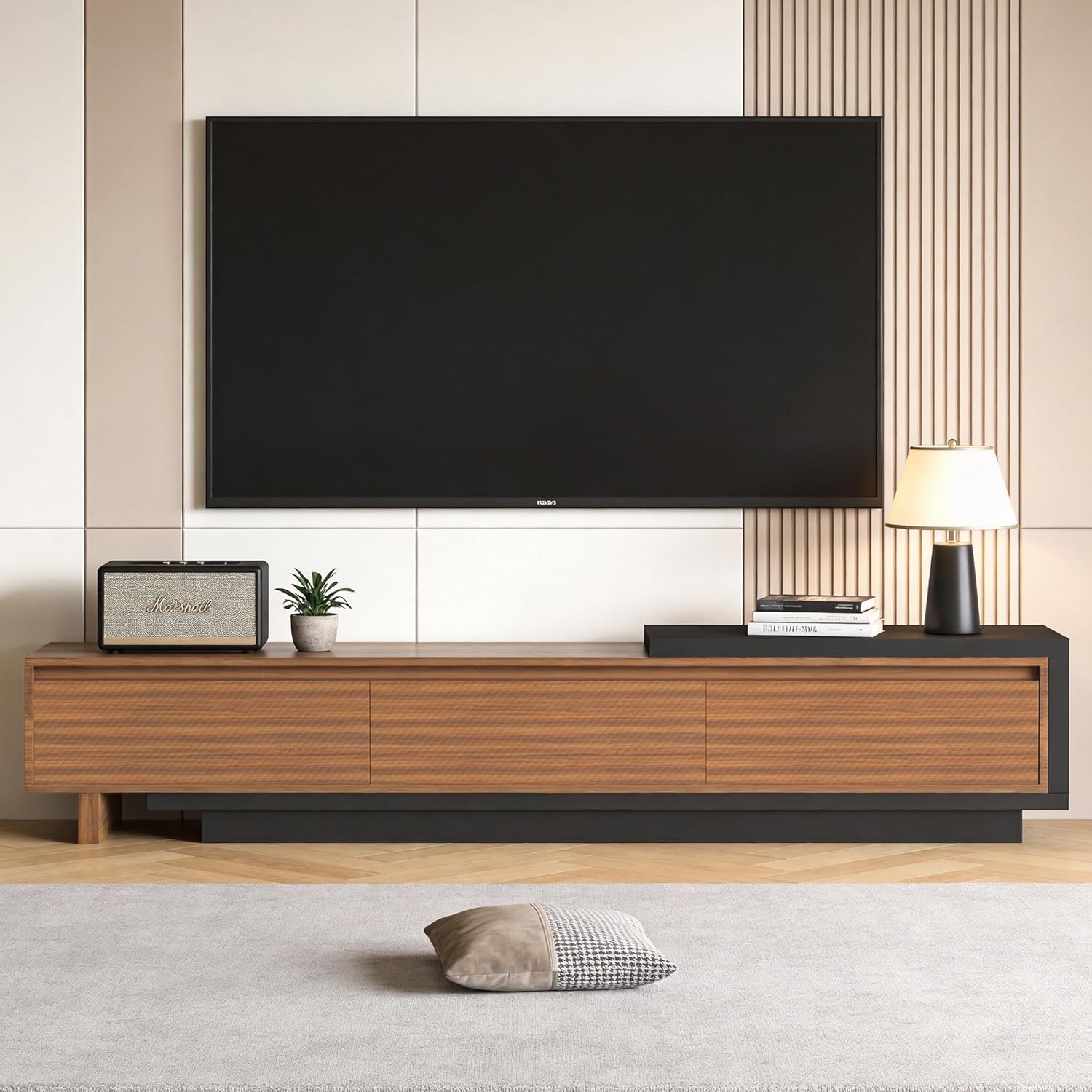 Adjustable Mid-Century Modern TV Stand with 3 Drawers – Extendable Walnut Entertainment Console for Living Room or Bedroom (78.7–130")