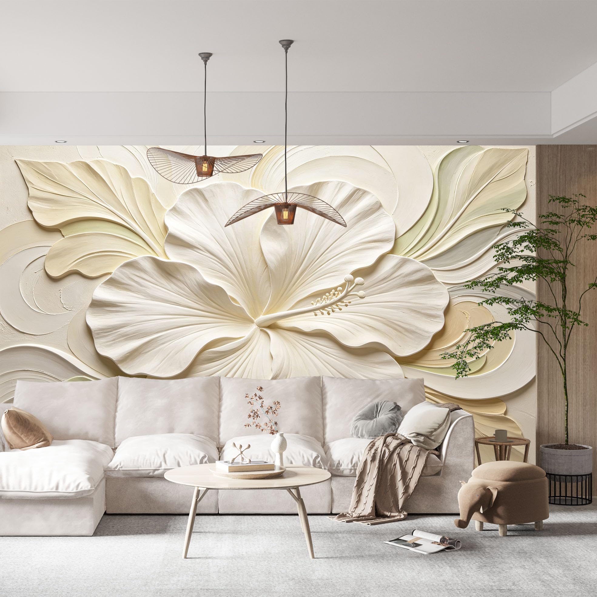 Duży kwiat hibiskusa fototapeta nowoczesna elegancka tropikalna tapeta z włókniny 200 x 140 cm kremowy beżowy botaniczne rzeźbiarskie kwiaty pokrycie ścienne do sypialni salonu jadalni funkcja W