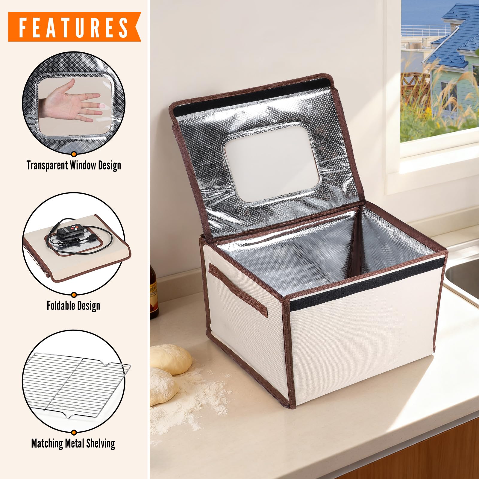 SWAWIS 40x30x28cm Caja de Fermentación con Función de Calefacción para Masa 230V 70W, Plegable, Control de Temperatura 20-50 ℃, Temporizador 0-24h, para Hogar Pan Pizza Yogur