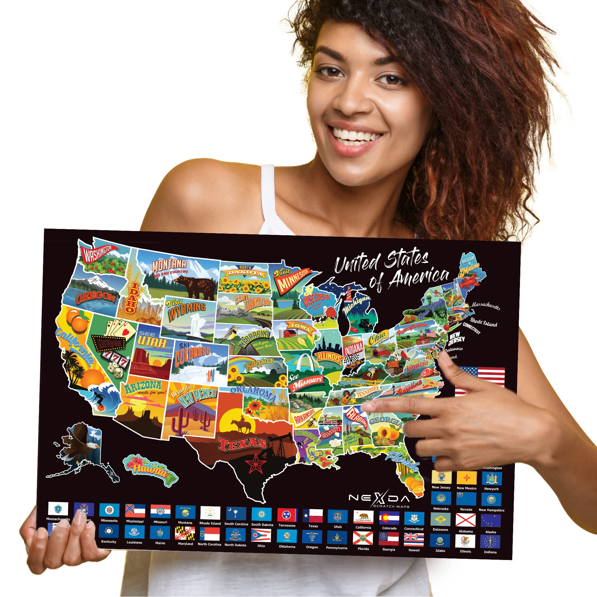 Scratch Off Map of United States by Nexda - Large 24x18 Inches - Colorful Thematic Poster - Individual States Graphics and Flags - Scratching Accessories - Black and Gold