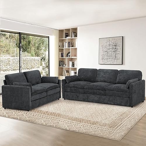 2 Pieces Chenille Sofa Set w/Arm Pillows, Upholstered Loveseat & 3 Seater Sofa w/Comfortable Back Cushions, Modern 2-Seat & 3-Seat w/High-Density Foam for Living Room, Apartment, Grey
