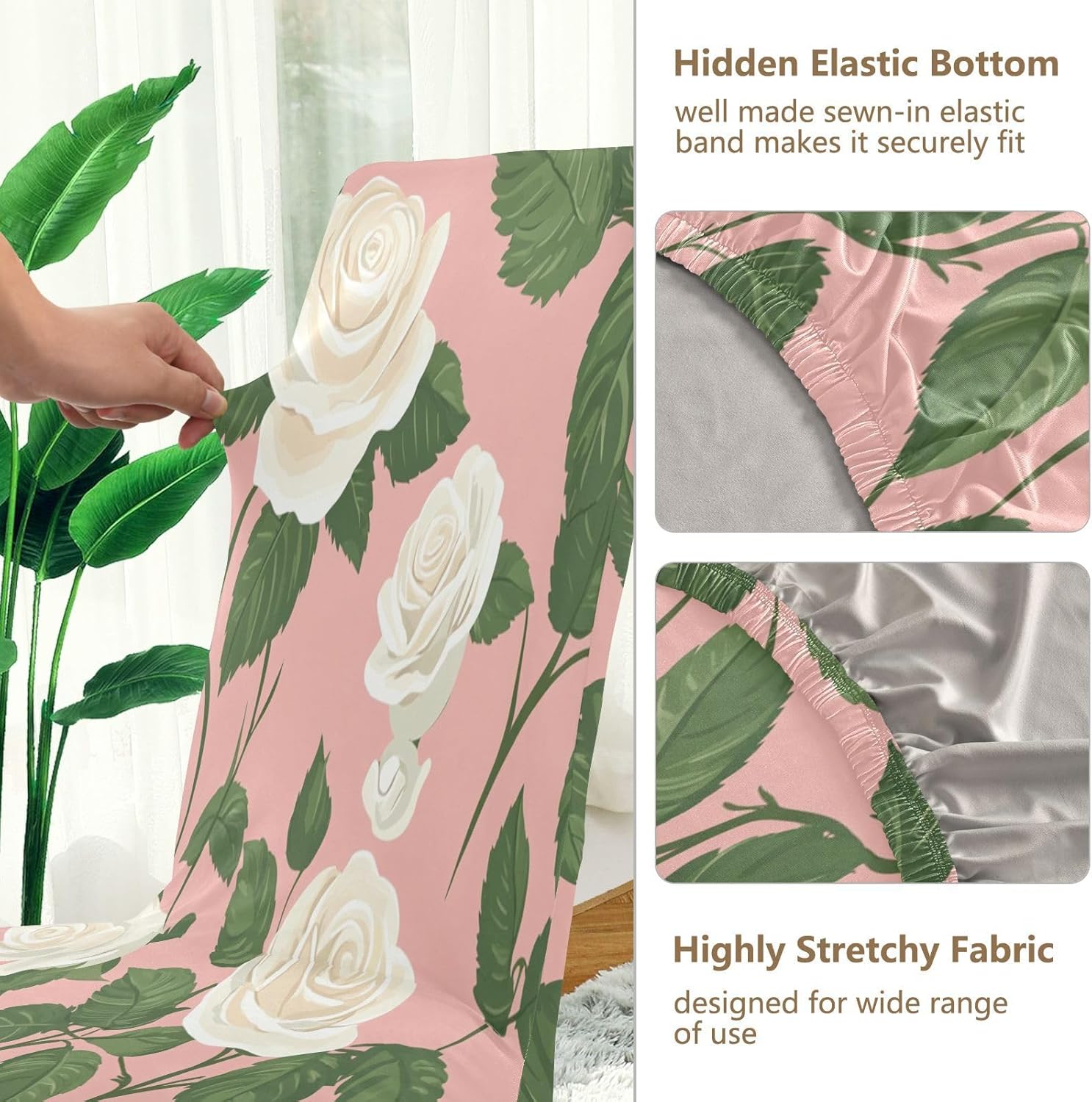 ALAZA Chair Covers for Dining Room, White Rose Flowers and Green Leaves Stretch Chair Cover Sets Chair Protector Removable Washable for Ktichen Restaurant Hotel