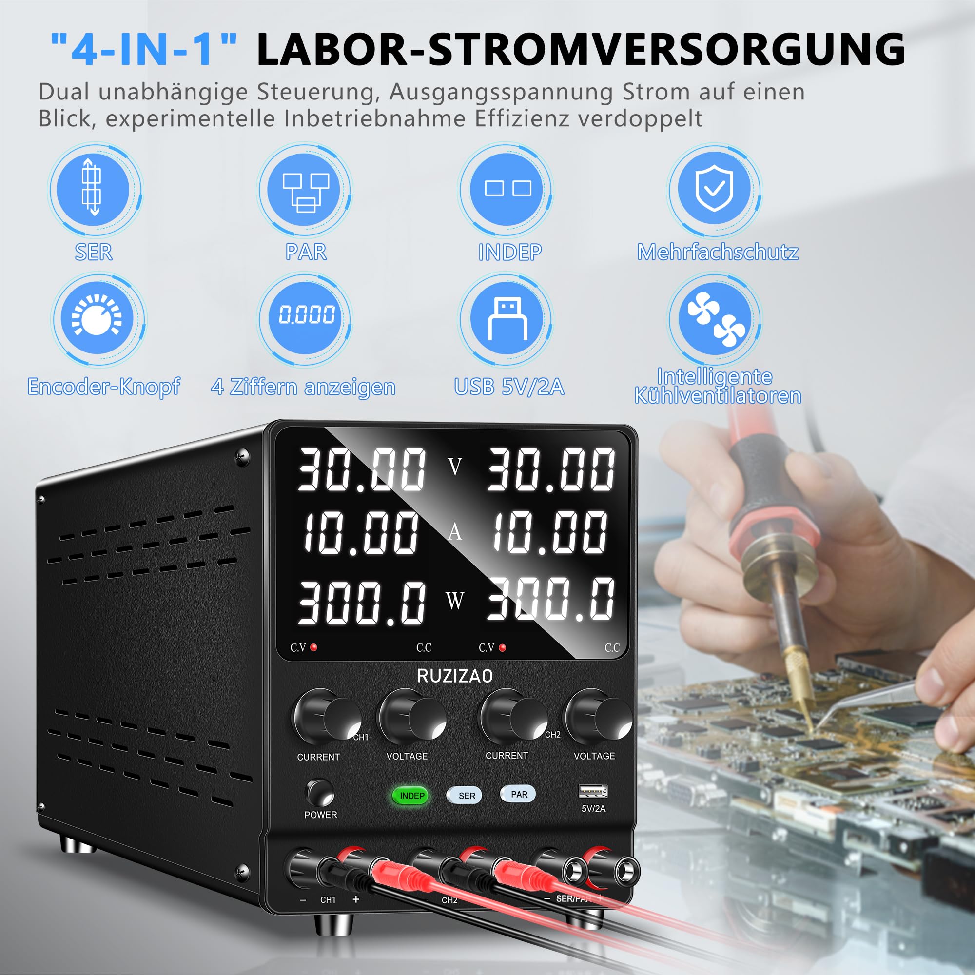 Dual Labornetzteil 30V 10A Seriell Parallel Einstellbares Labornetzgerät 60V 10A/30V 20A Encoder Einstellung DC Regelbar Netzgerät Dual Spannung Aktuell Vier in Einem Labor-Gleichstromnetzteil