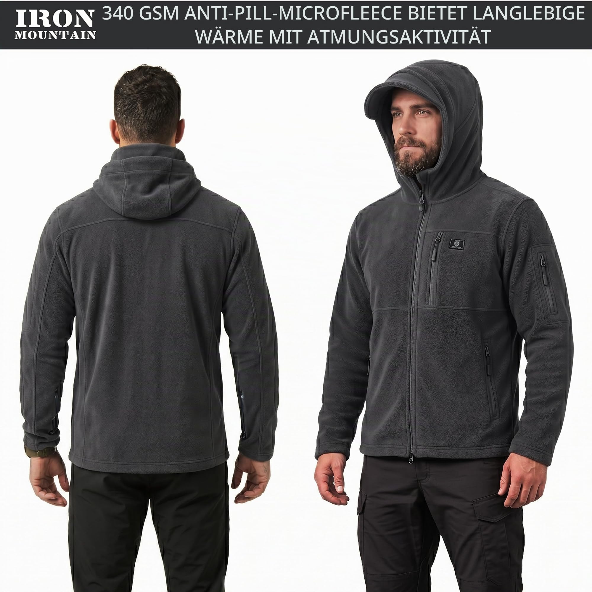 Iron Mountain Herren Fleece Hoodie mit Reißverschluss – Technischer Kapuzenpullover Winddicht, Thermo Workwear Jacke mit Mehreren Taschen, Outdoor Sweatshirt Winter