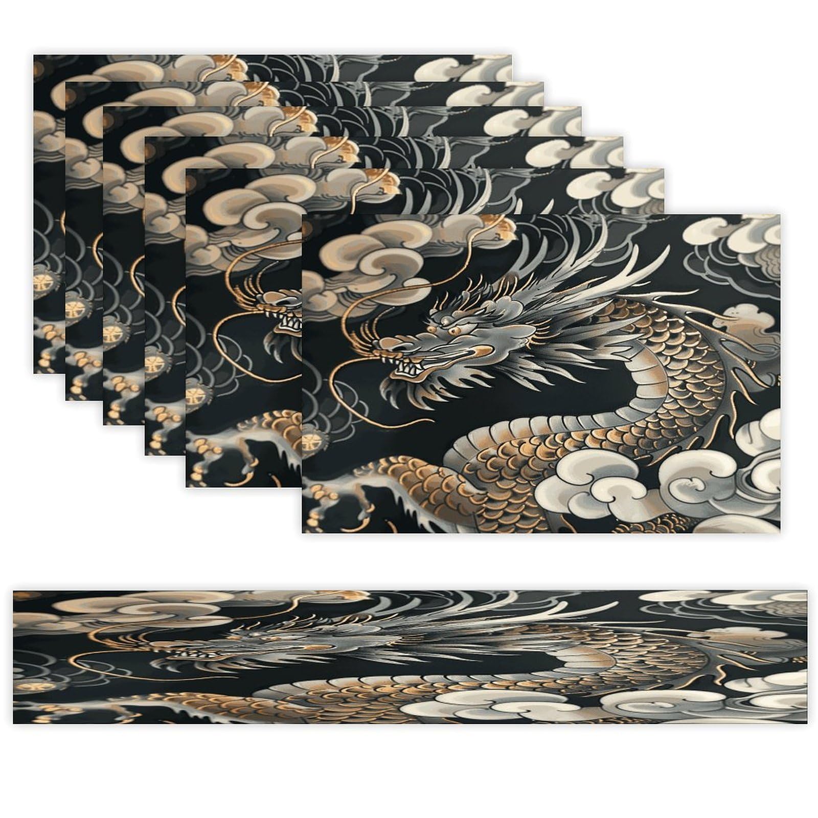 Black Oriental Dragon Table Runner and Placemats Set of 6 for Kitchen Washable Table Mats Heat Resistant Place Mats Non-Slip Place Mat Wipeable Placemat(6 Placemats+1 Table Runner)