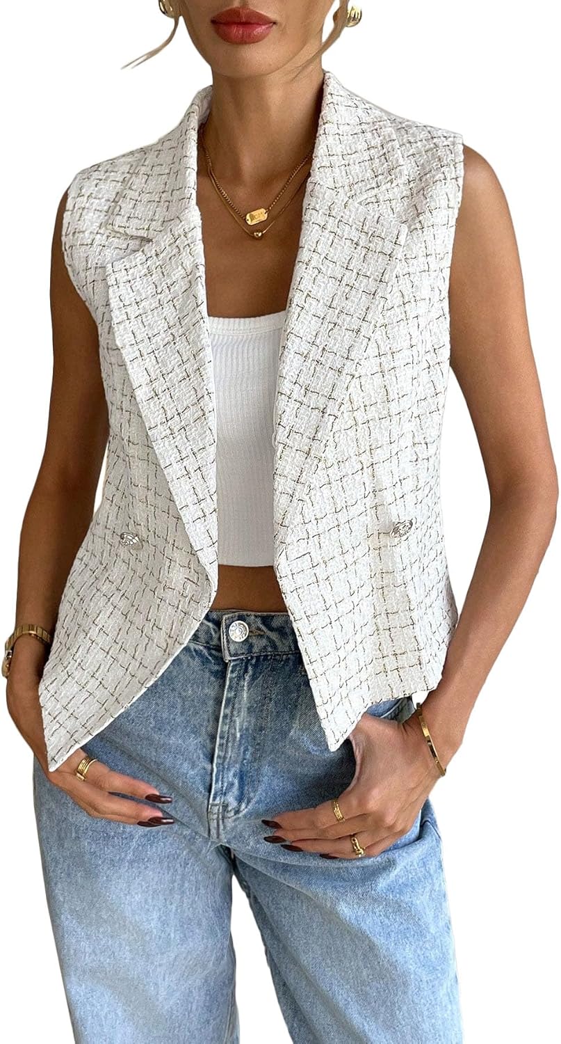 Mina Self 2026 Spring Women'S Tweed Plaid Vest Tops - Sleeveless cropped Cute Fully-Lined Work Casual Blazer