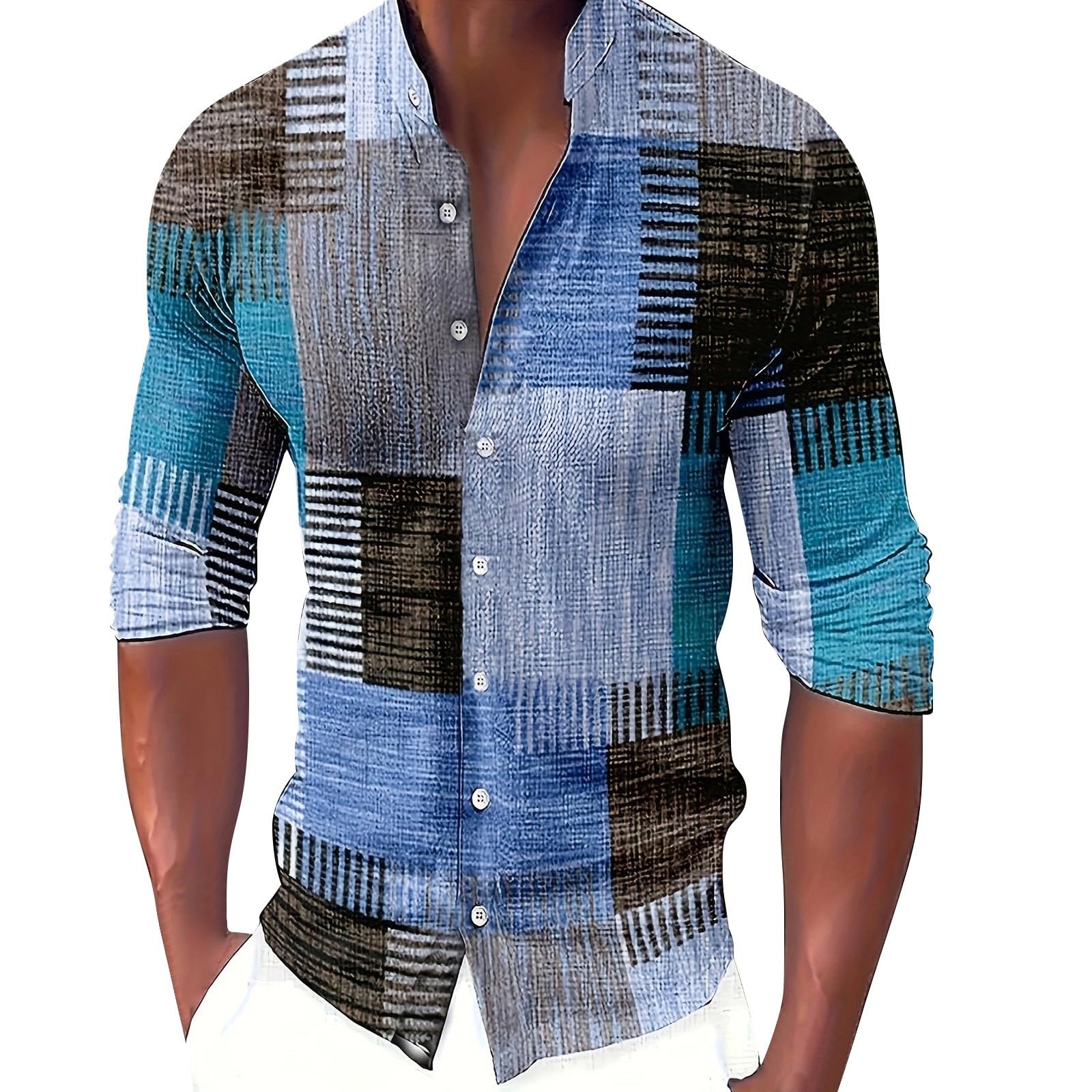 generisch Camisa puño camisa informal de verano para hombre con patrón de rayas y cuello alto, de un solo pecho, manga larga, ligera y transpirable, camisa de franela para hombre
