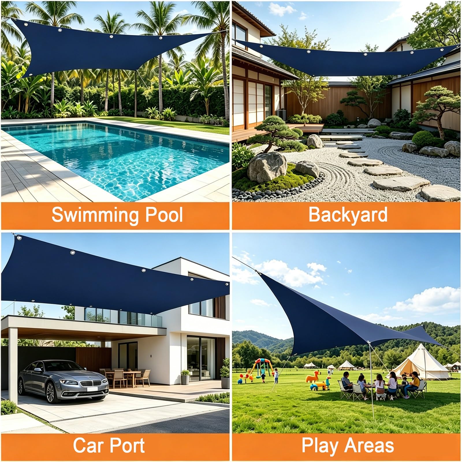 Voiles Ombrages Rectangulaire 530 x 540 cm 98% UV Protection PES Résistant à l'eau Rectangulaire Protection Solaire Durable Filet Solaire pour Patio Jardin, Bleu Foncé
