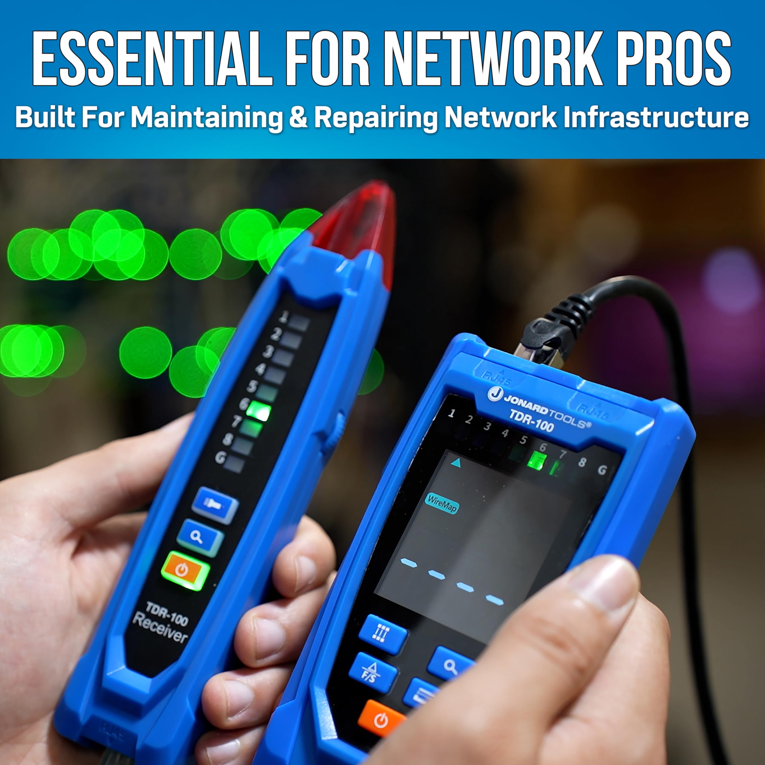 Jonard Tools TDR-100 - Probador de cable de red y TDR, con sonda de rastreo de cables, adaptador RJ45, pantalla LCD y funda de transporte