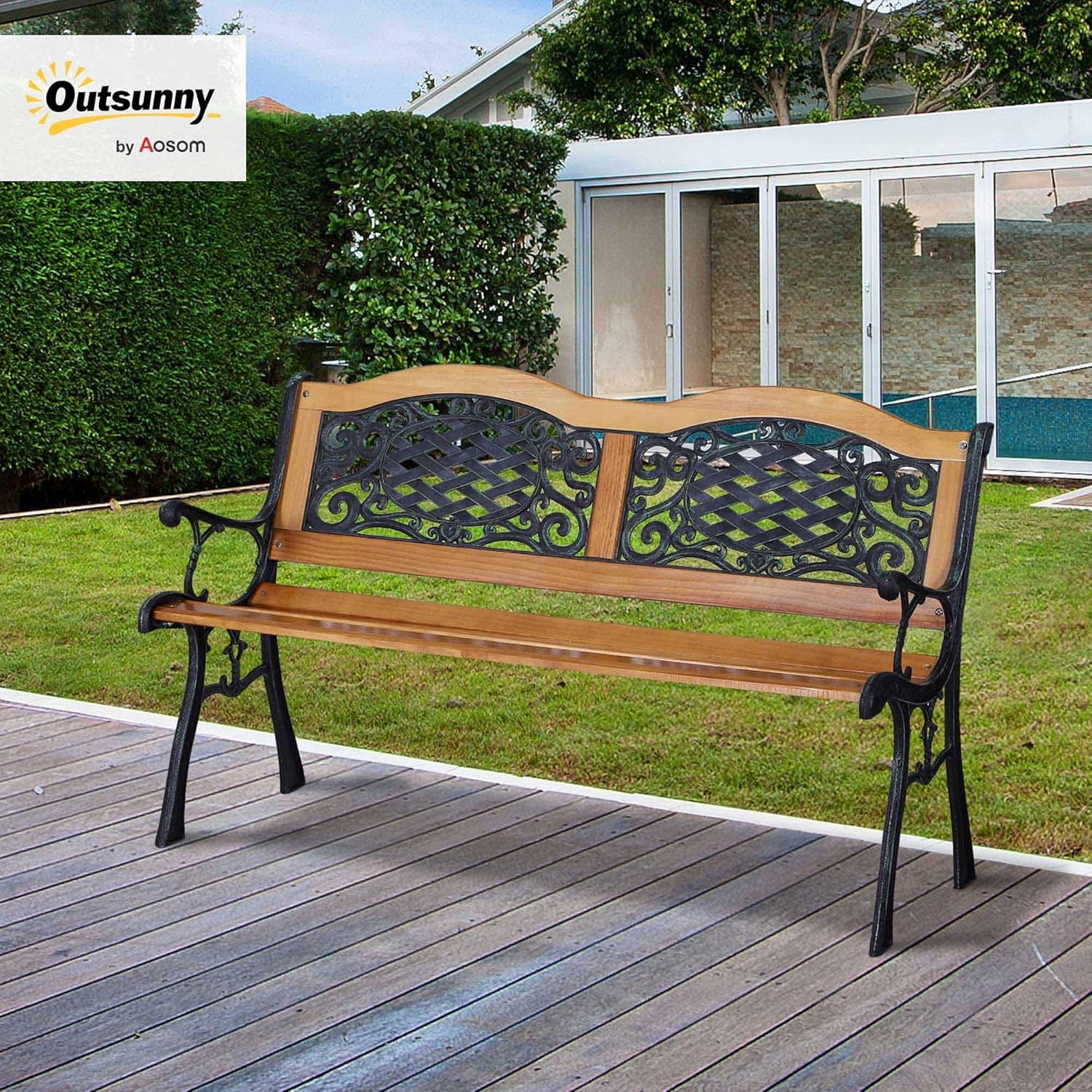 Outsunny 50" Outdoor Garden Bench, Park Bench with Pine Wood Seat, Antique Plastic Flourish Backrest, Patio Loveseat for Porch, Backyard, Deck, Lawn, Outside Pool, Antique Green and Natural Wood