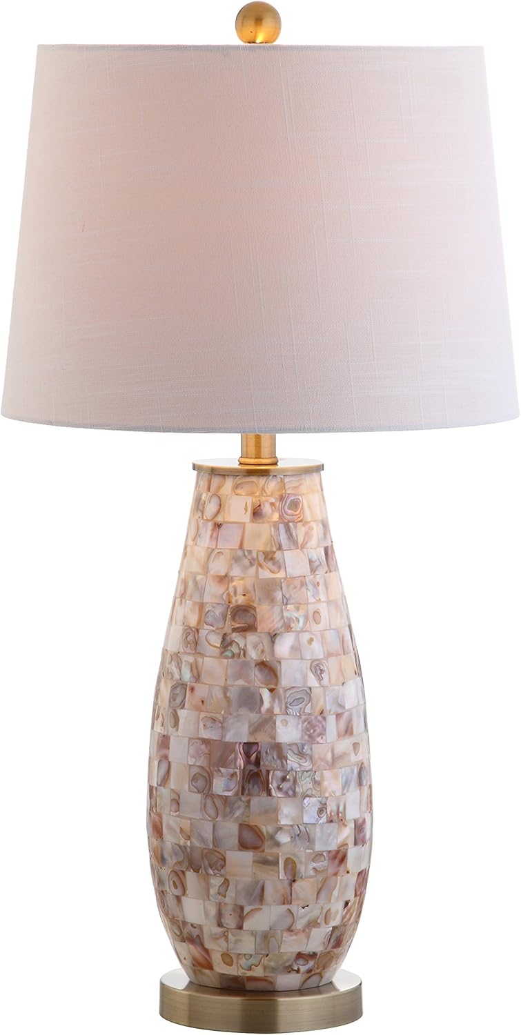 JONATHAN Y 28" Natural Mosaic Seashell Table Lamp, Coastal Contemporary Resin Lamp for Living Room Bedroom, White Linen Shade, Brass Gold Accents, LED Bulb Included JYL4005A