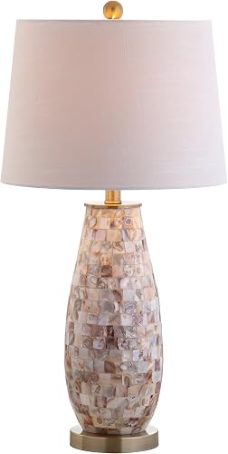 JONATHAN Y 28'' Natural Mosaic Seashell Table Lamp, Coastal Contemporary Resin Lamp for Living Room Bedroom, White Linen Shade, Brass Gold Accents, LED Bulb Included JYL4005A