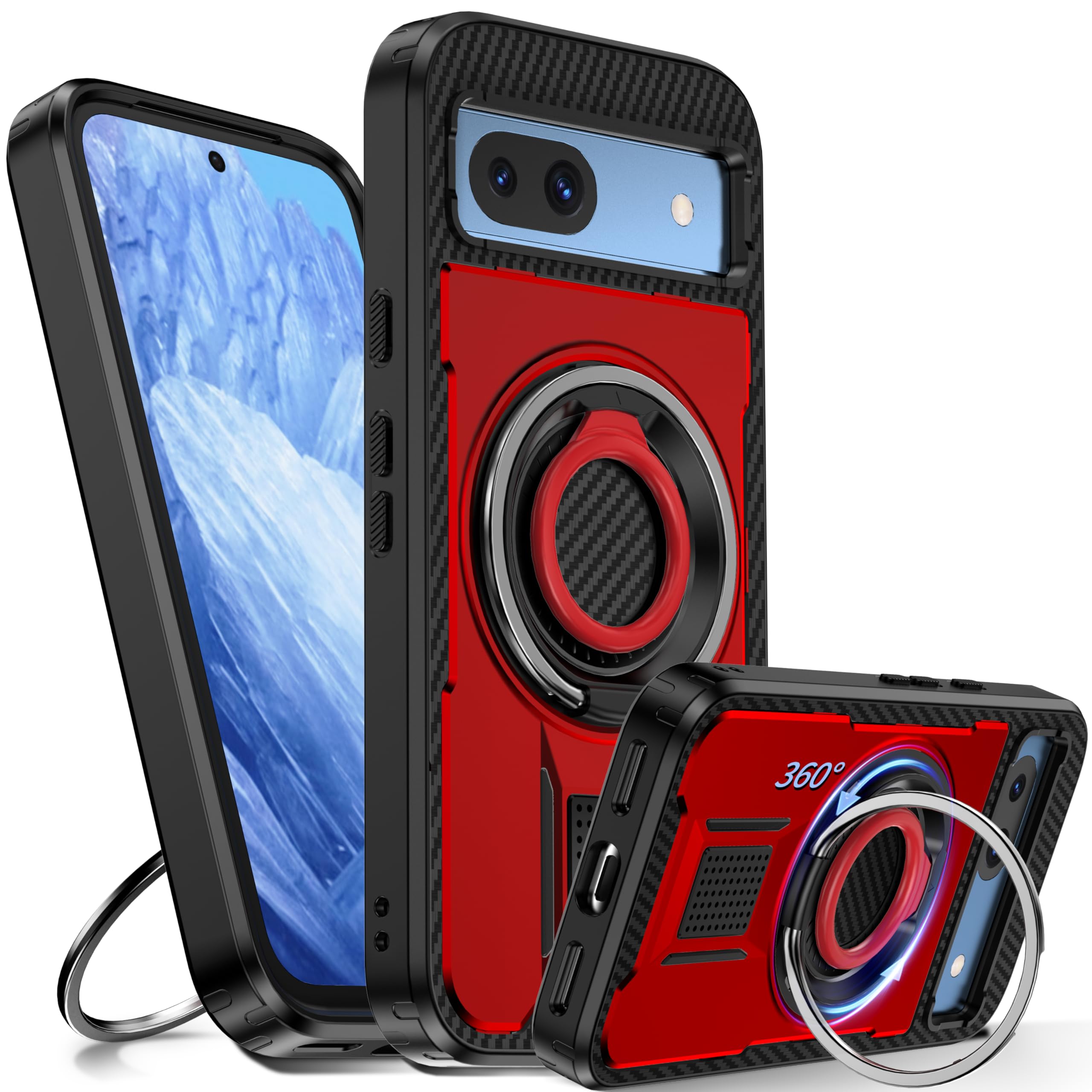 for Google Pixel 8A Case with Stand. [360° Rotatable Ring and Kiscstand]. Rugged Atection ShockAof Phone Case for Pixel 8A, Red