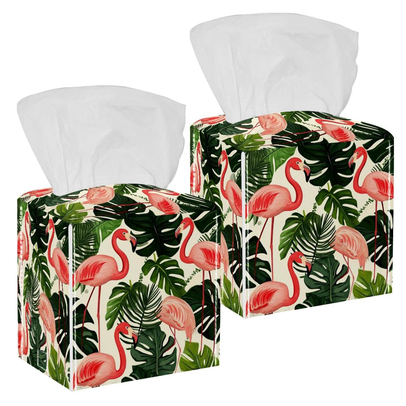 Leaf Flamingo Tissue Box Cover, 2 Pack PU Leather Square Facial Tissue Dispenser Box holder for Home Office Car