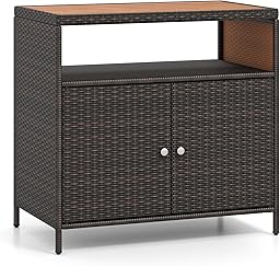 COSTWAY Gartenschrank Rattan, Terrassenschrank mit Akazienholz-Arbeitsplatte, offenem Fach und Doppeltür, Outdoor Aufbewahrungsschrank für Garten, Terrasse, 90 x 53 x 86 cm (Braun)