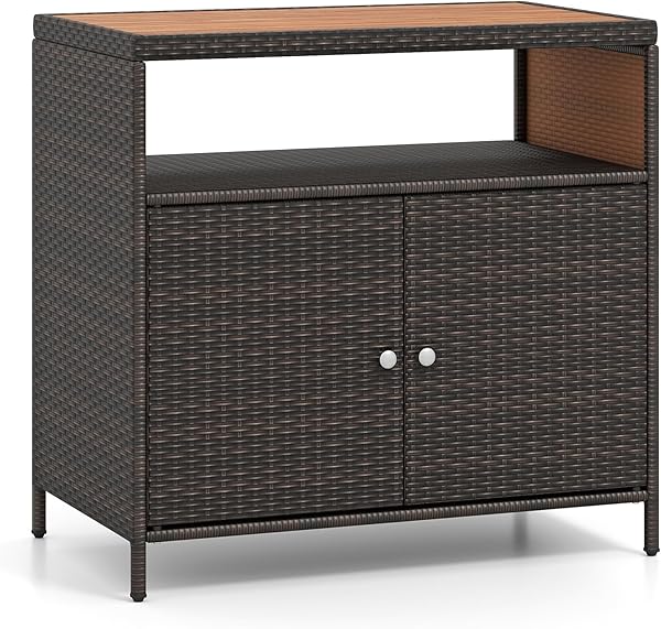 COSTWAY Gartenschrank Rattan, Terrassenschrank mit Akazienholz-Arbeitsplatte, offenem Fach und Doppeltür, Outdoor Aufbewahrungsschrank für Garten, Terrasse, 90 x 53 x 86 cm (Braun) - 1