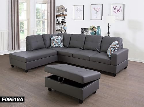 Miniatura 16 de Sofá modular contemporáneo con diván y otomana de almacenamiento, 3 piezas en forma de L, tapicería de piel sintética, cojines de espuma Jengibre