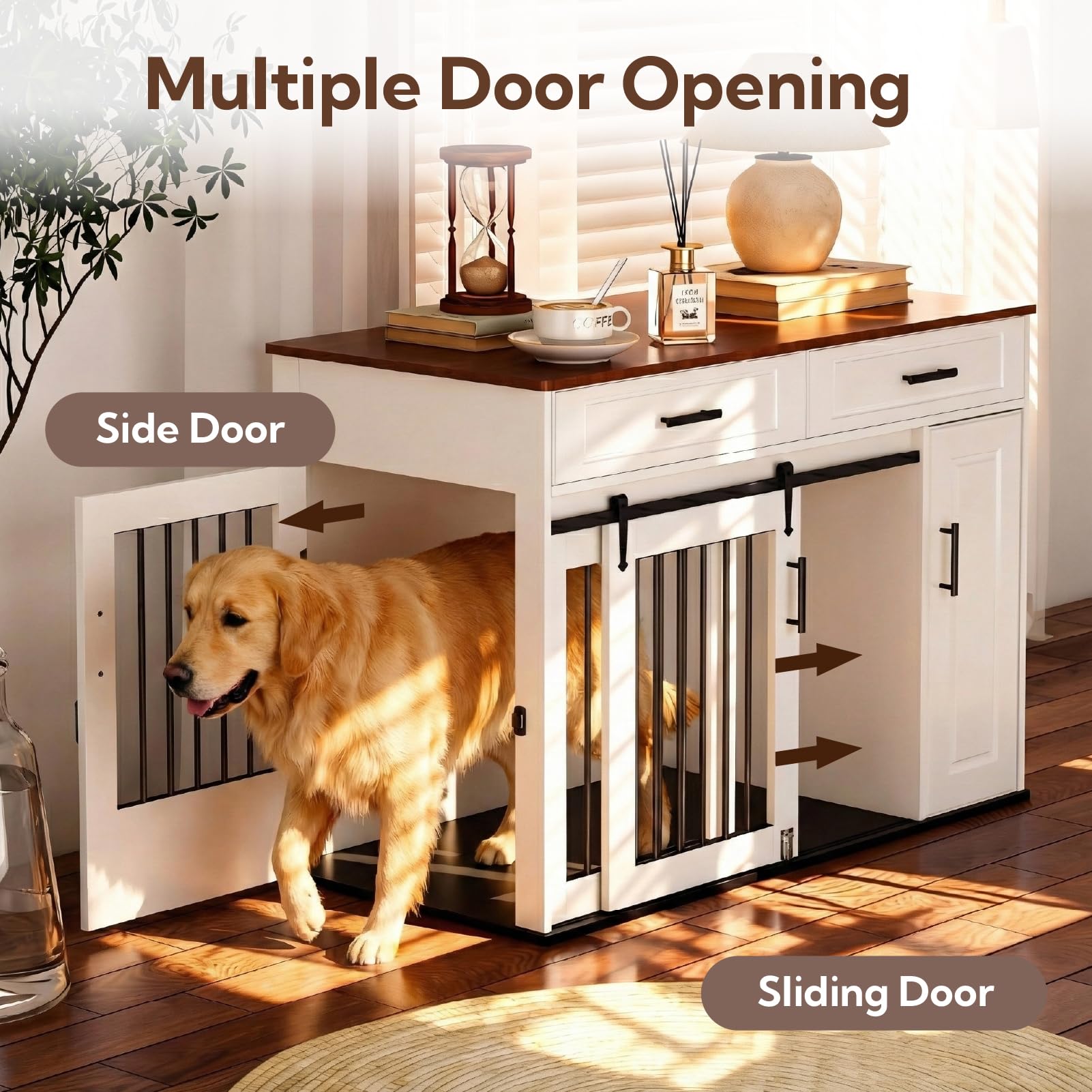 Möbelstil Hundebox, Holzbox mit Schiebetüren, Hundehütte mit 2 Schubladen und Lagerung Schrank, 2-türige Hundekiste für mittelgroße/große Hunde, Indoor Tierhaus, Weiß