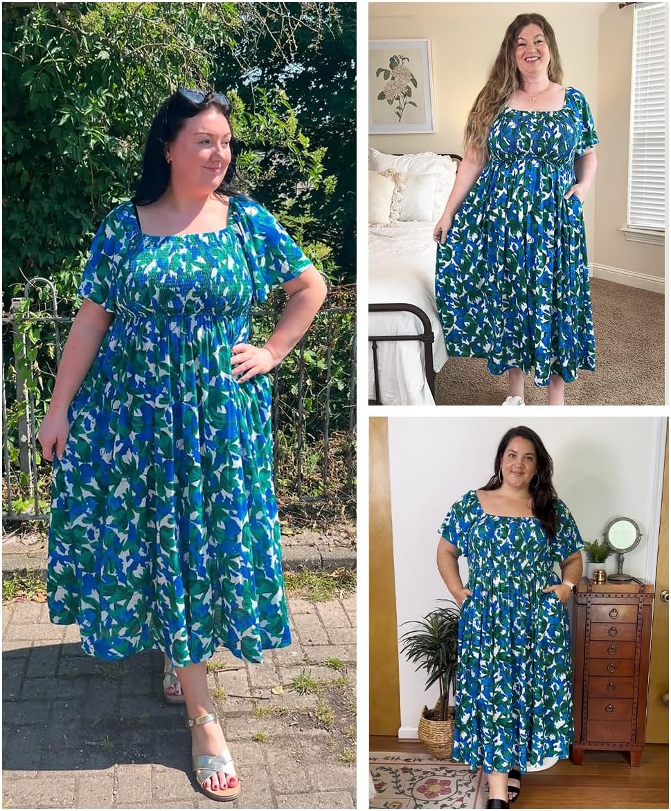 RITERA Plus Size Dresses for Curvy Women Square Neck Short Sleeve Summer Floral Smocked Maxi Dress with Pocket XL-5XL