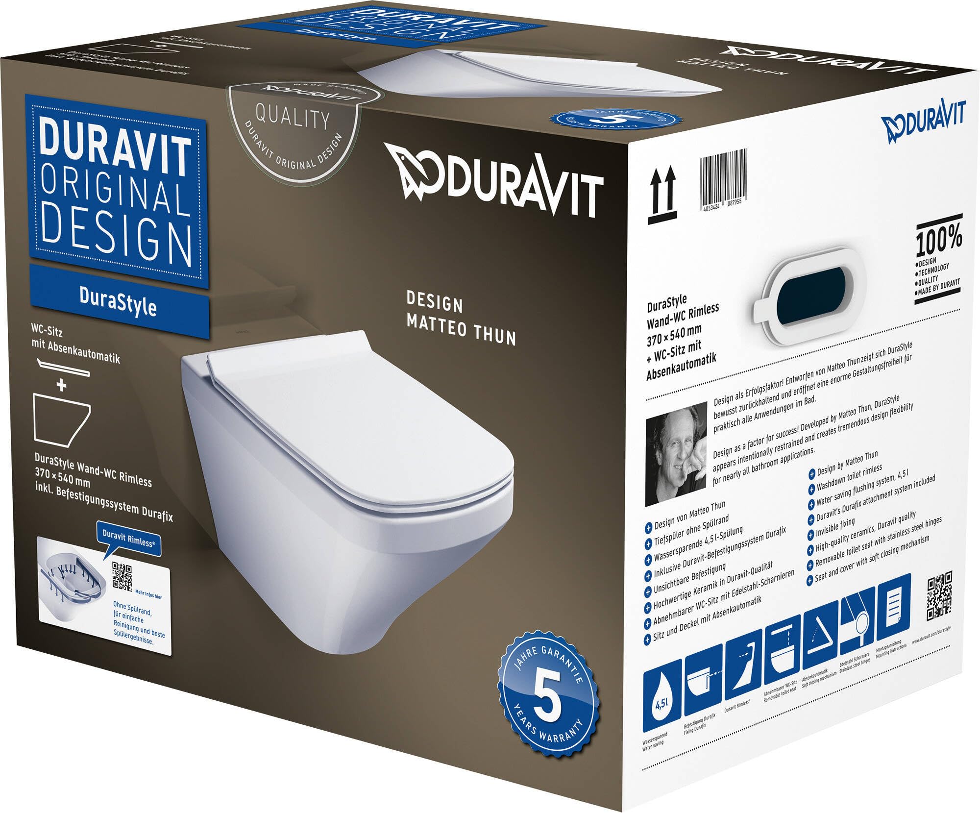 Duravit DuraStyle WC de pared Duravit Rimless Set 455109, incl. asiento de WC, Color: Blanco