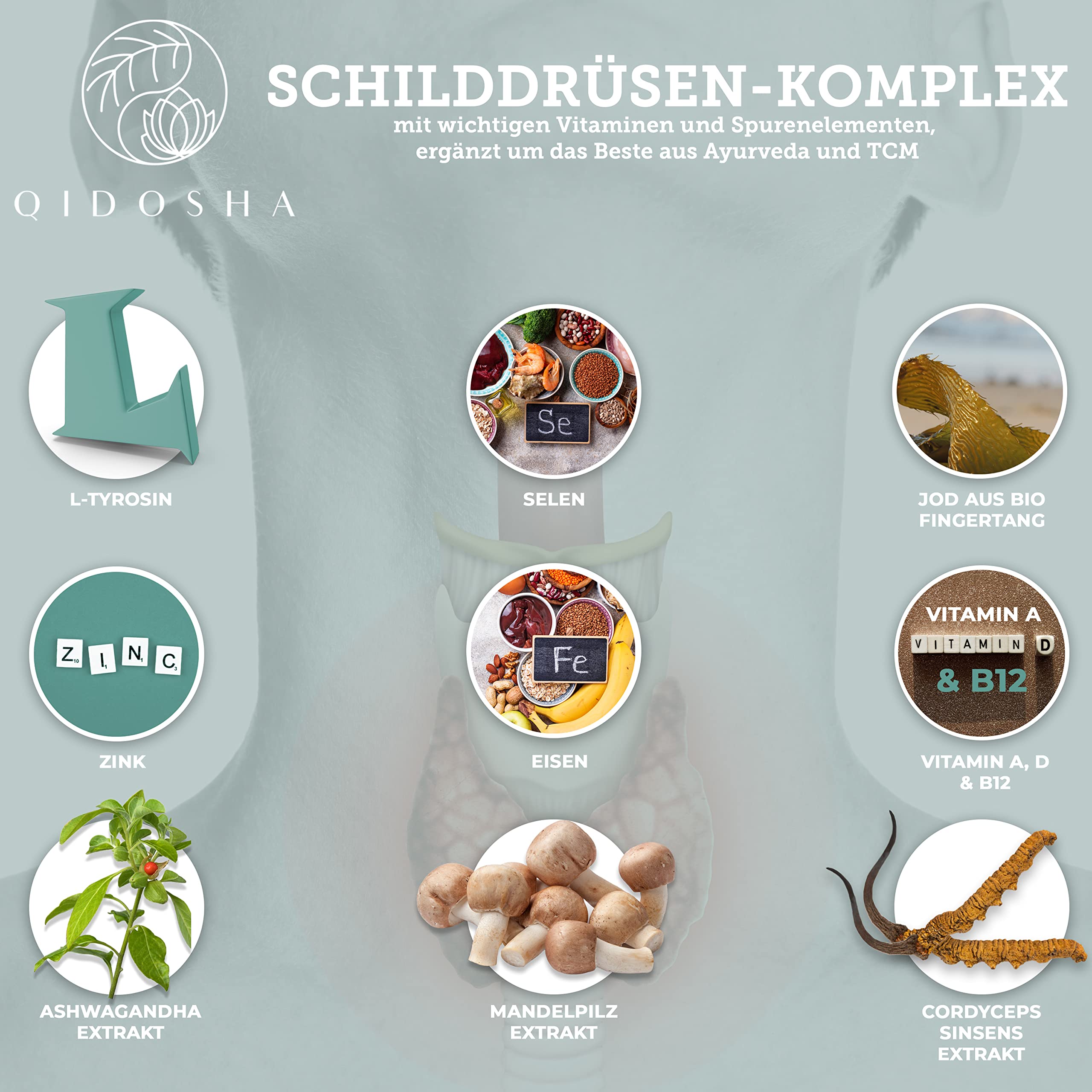 QIDOSHA® SHIELD Jod Selen Komplex für die Schilddrüse², plus L-Tyrosin, Eisen, Zink, Ashwagandha, Cordyceps, Agaricus blazei & den Vitaminen A, D3, B12, natürlich und vegan, 120 Kapseln