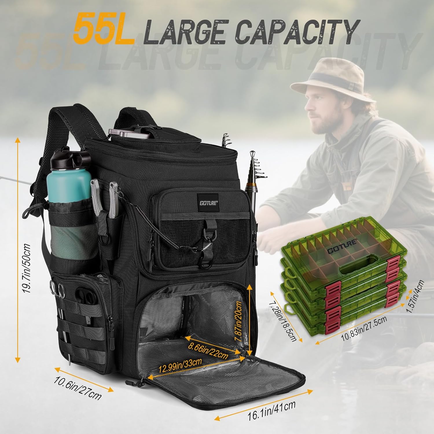 Goture Fishing Backpack with 4 Tackle Boxes, 900D Water-Resistant Tackle Backpack with Rod Holders,Insulated Cooler Compartment, 55L Large Capacity Fishing Gear Storage Bag for Saltwater & Freshwater