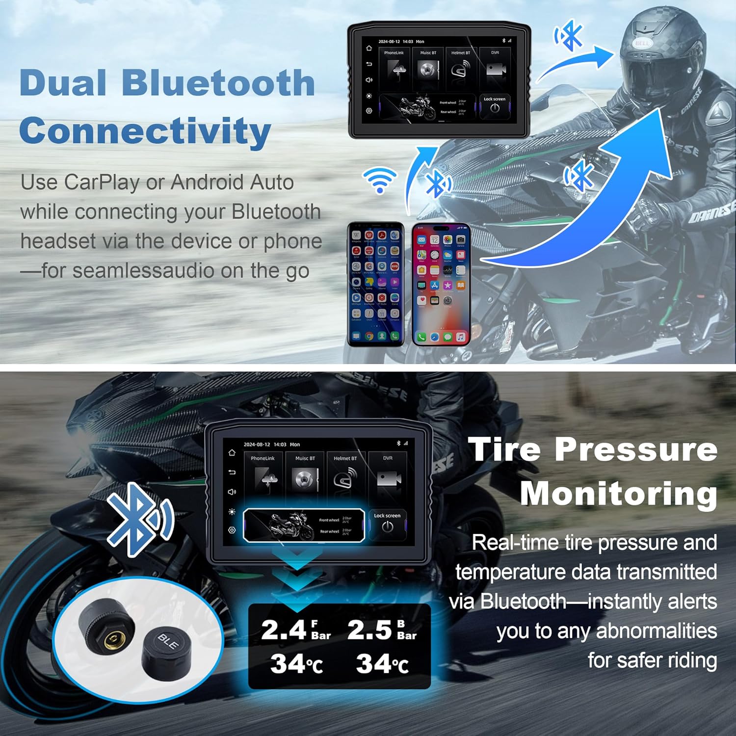 Mt8 6.2" Motorcycle Carplay Screen with TPMS & Cameras, Wireless Apple Carplay & Android Auto, 1080P DVR, 800Nits, IP67 Waterproof, Dual Bluetooth, Phone Mirroring, Quick-Release Detach