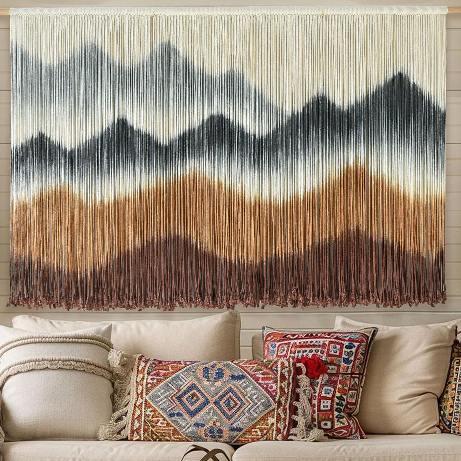 IOWER Macrame Wall Hanging Mountain Wall Art Dip-Dyed Macrame Wall Decor Modern Wall Decor Fiber Wall Art Craftsmanship 57" Wx35 L