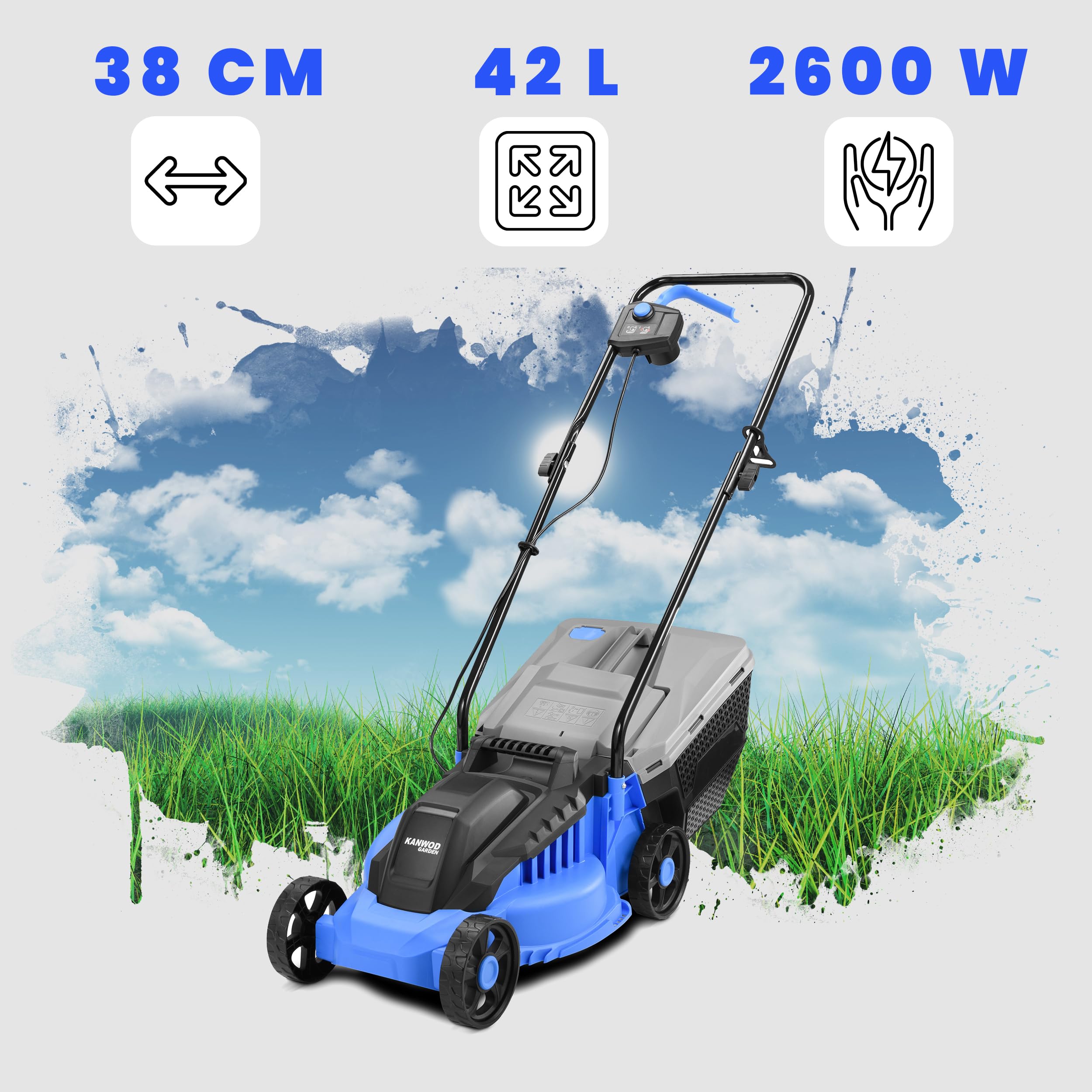 KANWOD Tondeuse à Gazon électrique 1600 W 38 cm Largeur de Coupe Hauteur réglable 30-75 cm Bac 42 L Gris/Bleu