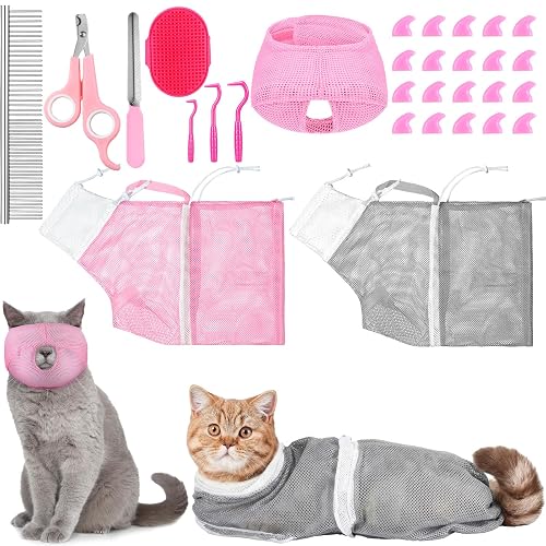 10 Pcs Cat Bathing Bag Set Mesh Shower Bag Anti Bite and Scratch Pet Grooming for Washing Brush, Cat Muzzle, Nail Clipper, Nail File, Tick Tool (Gray and Pink)