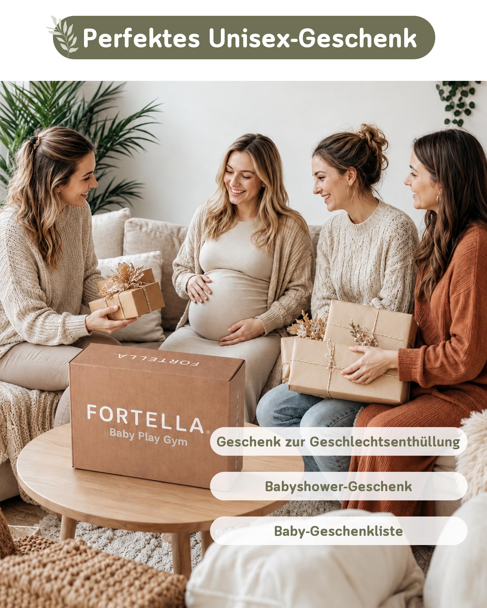 Fortella Spielbogen Baby, Spielmatte mit Bauchzeit Kissen und 5 Sensorik Spielzeug Abnehmbarem,Naturthemen Krabbeldecke für Babys ab der Geburt, Neugeborene & Kinder, 0-6-9-12 Monate-Salbeigrün