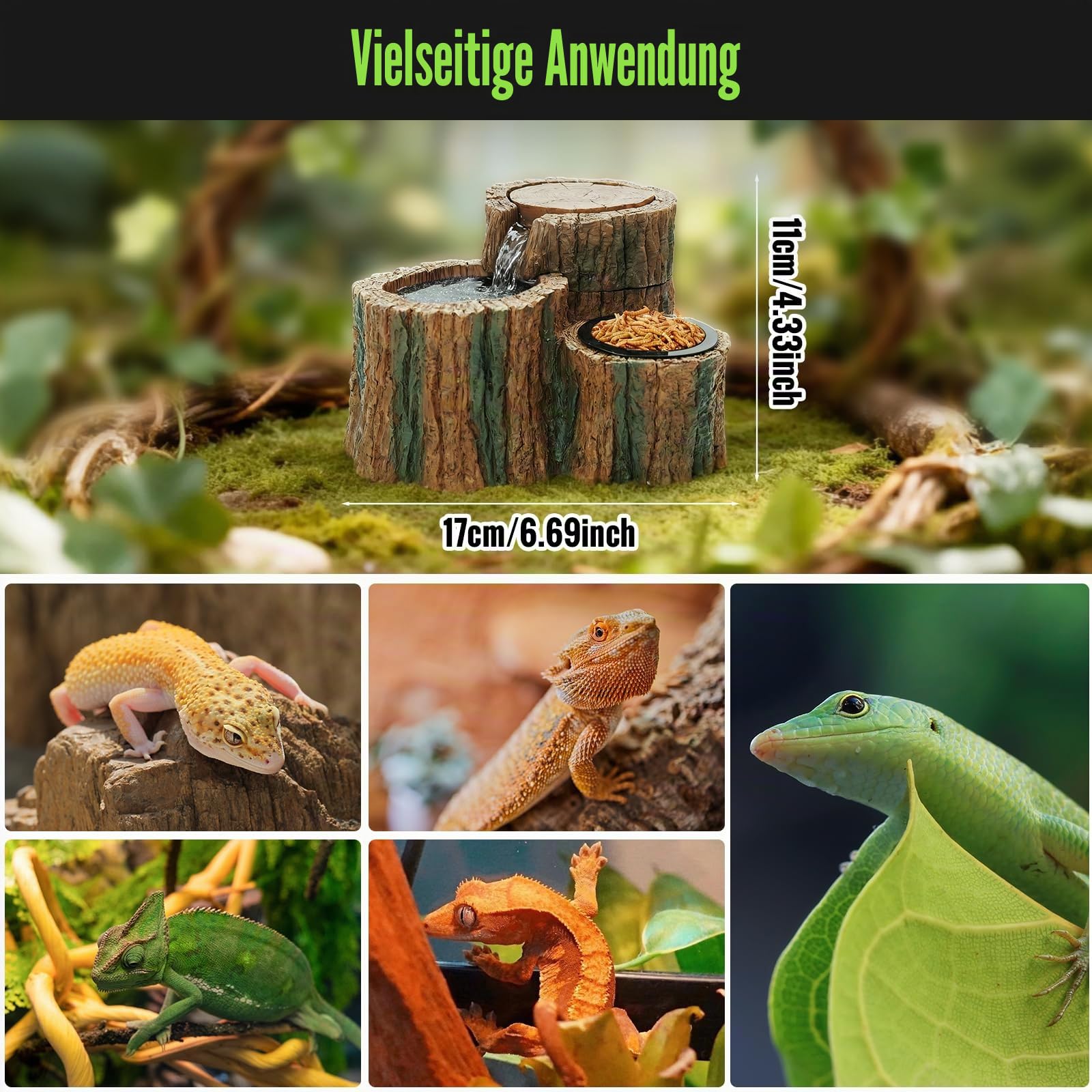 MIXJOY 2-in-1 Reptilien-Wasserbrunnen mit Futterschale, 550 ml, Reptilien-Wasserfall-Trinkbrunnen mit einstellbarem Durchfluss, natürliches Harz, Reptilien-Wasserspender für Bartagamen, Gecko