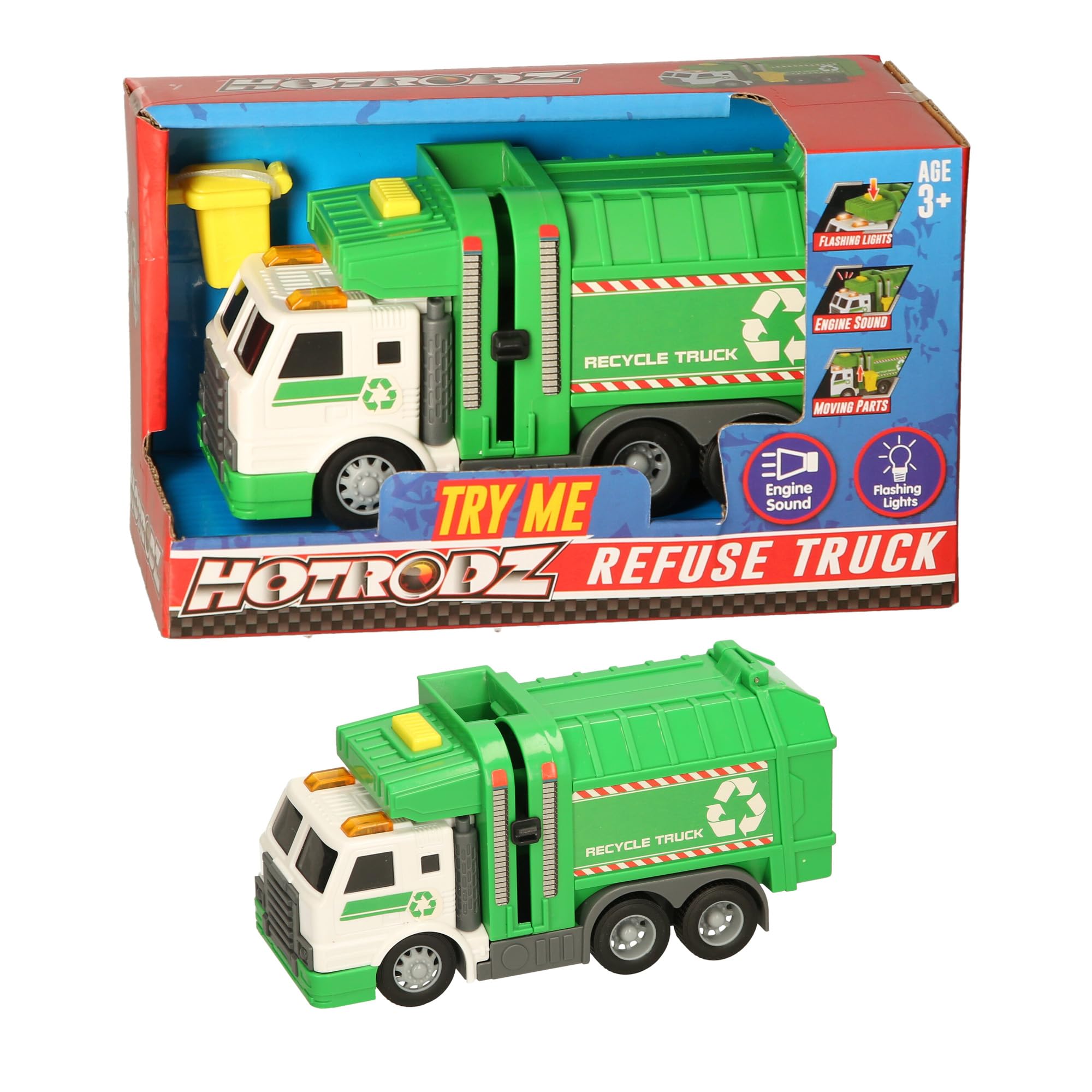 HotRodz Refuse Truck Toy, Recycle Truck with Flashing Lights, Engine Sound, Moving Parts, Age 3+, Green and White