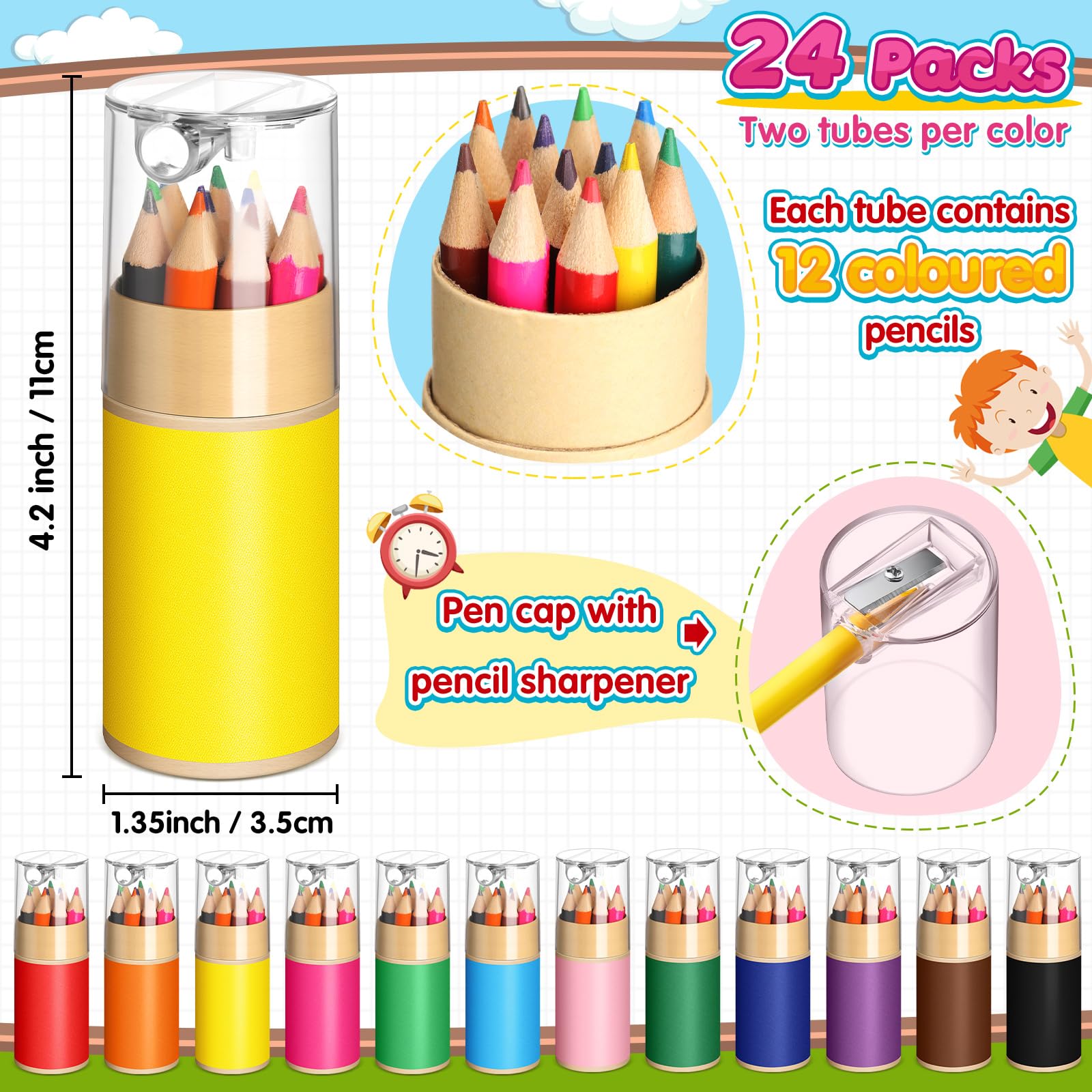 Humyoun 24 Sets Mini Colored Pencils Bulk Kids Pencils with Sharpener 3.5 Inch 12 Assorted Colors Drawing Coloring Pen Set for Kid Children Art Painting Mini School Graduation Supplies
