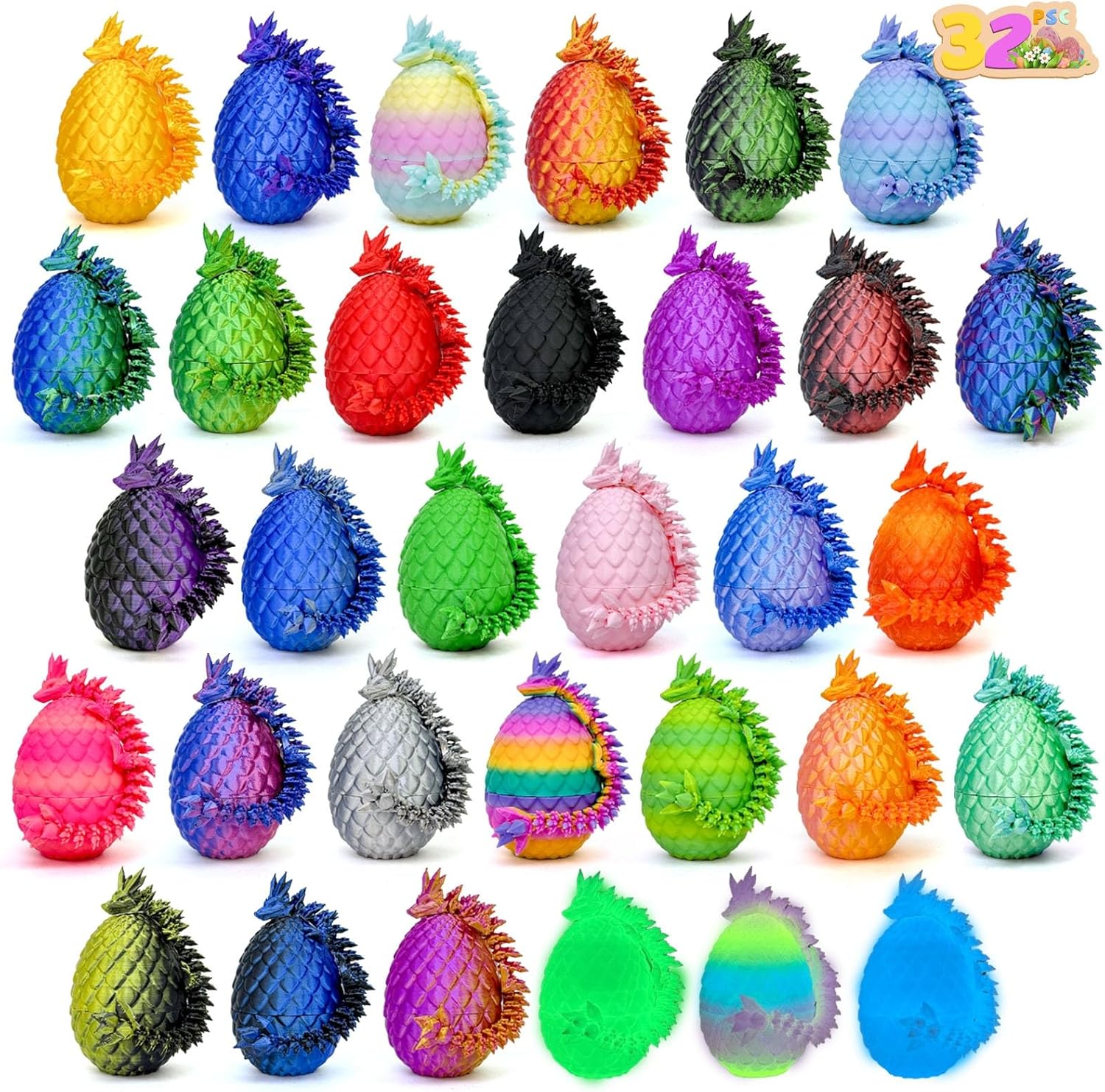 32pcs 3D Printed Dragon Eggs, 3D Dragon Eggs with Dragon Inside,Prefilled Easter Dragon Egg with Articulated Dragon Toy,for Easter Basket Stuffers Party,Desktop Decoration (32pcs)