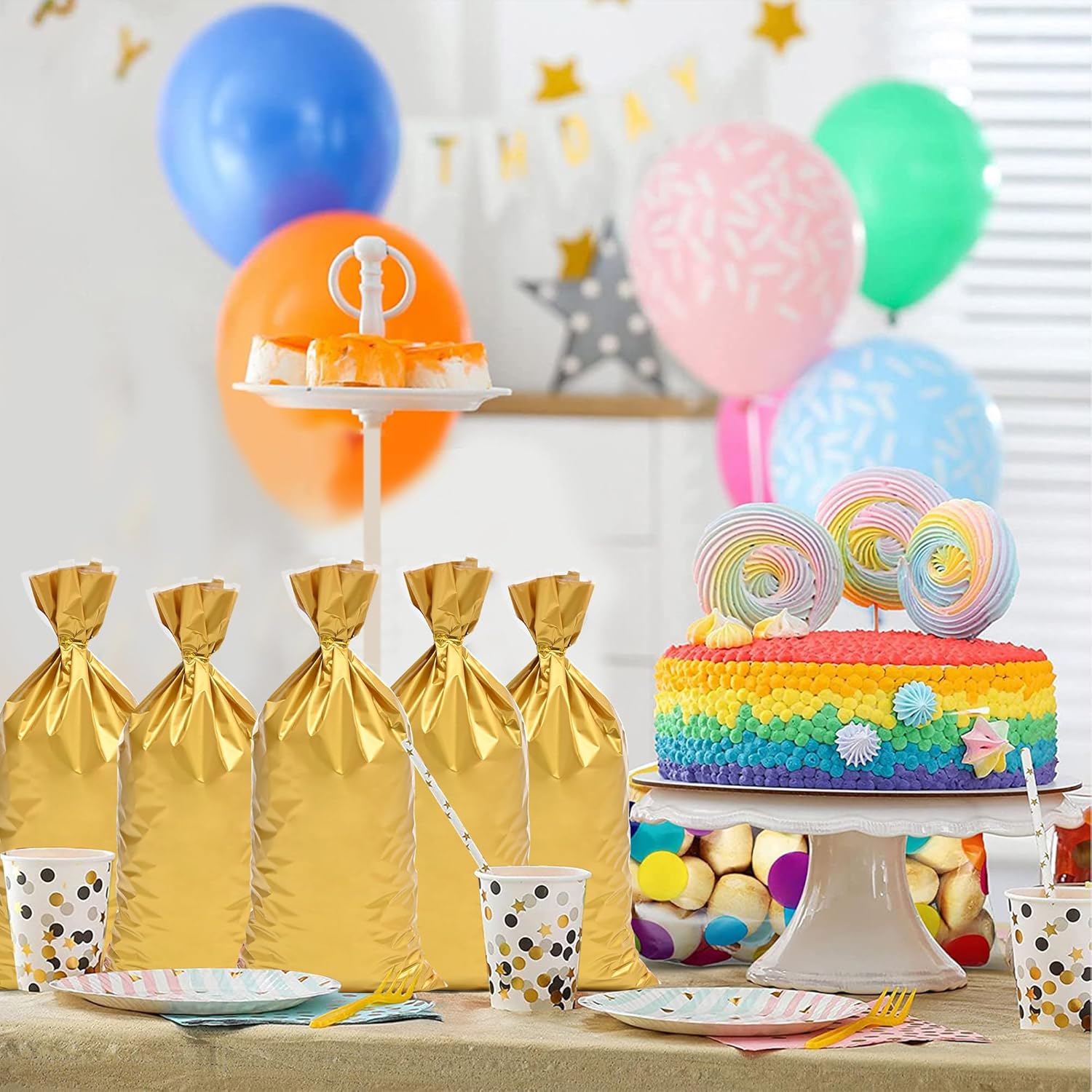 Lecpeting 100 Pcs Cellophane Treat Bags Plastic Goodie Candy Bags with Twist Ties for Gift Wrap Birthday Wedding Baby Shower Christmas Party Supplies (Golden) - Image 6