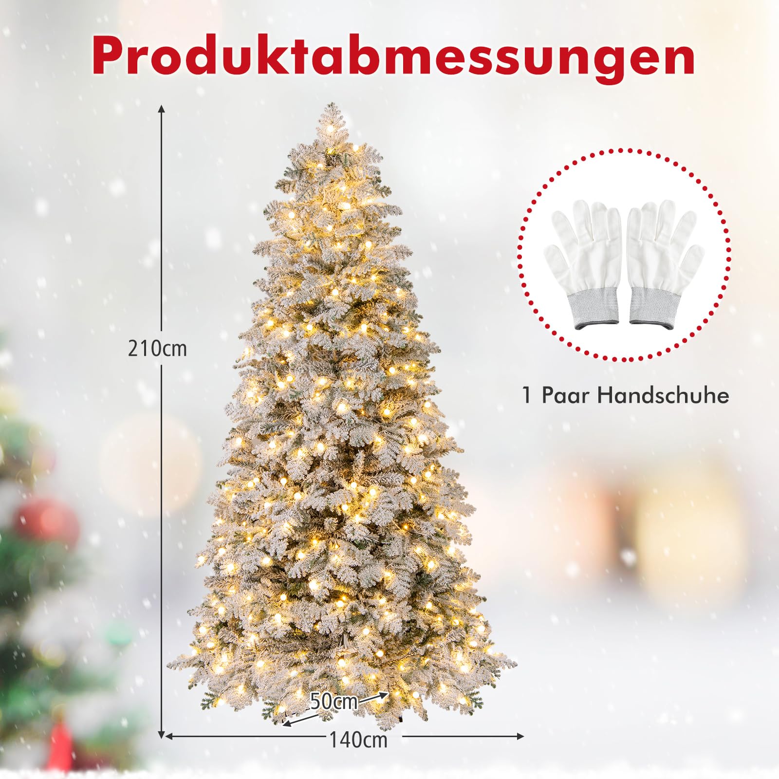 COSTWAY 210 cm Künstlicher Weihnachtsbaum mit Beleuchtung und Schnee, Tannenbaum mit 160 funkelnden Kugeln, warmweißen LED-Lichtern, 8 Lichtmodi & Metallständer, Christbaum, Kunstbaum Weihnachten