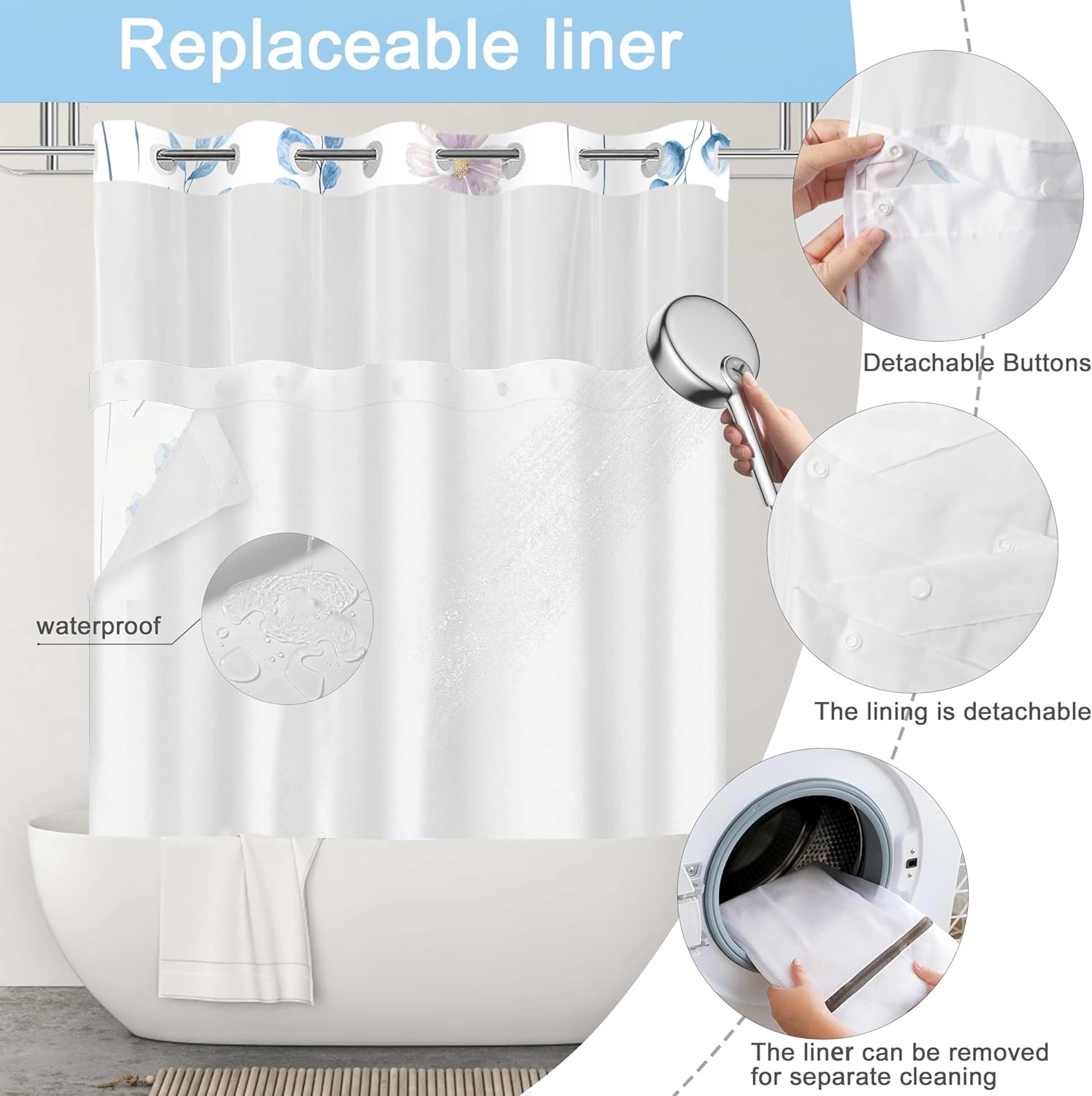 No Hook Shower Curtain and Liner Set, Watercolor Blue Floral Shower Curtains for Bathroom, Modern Hotel Bathroom Curtain Sets with Snap in Liner, 71x74 Inches