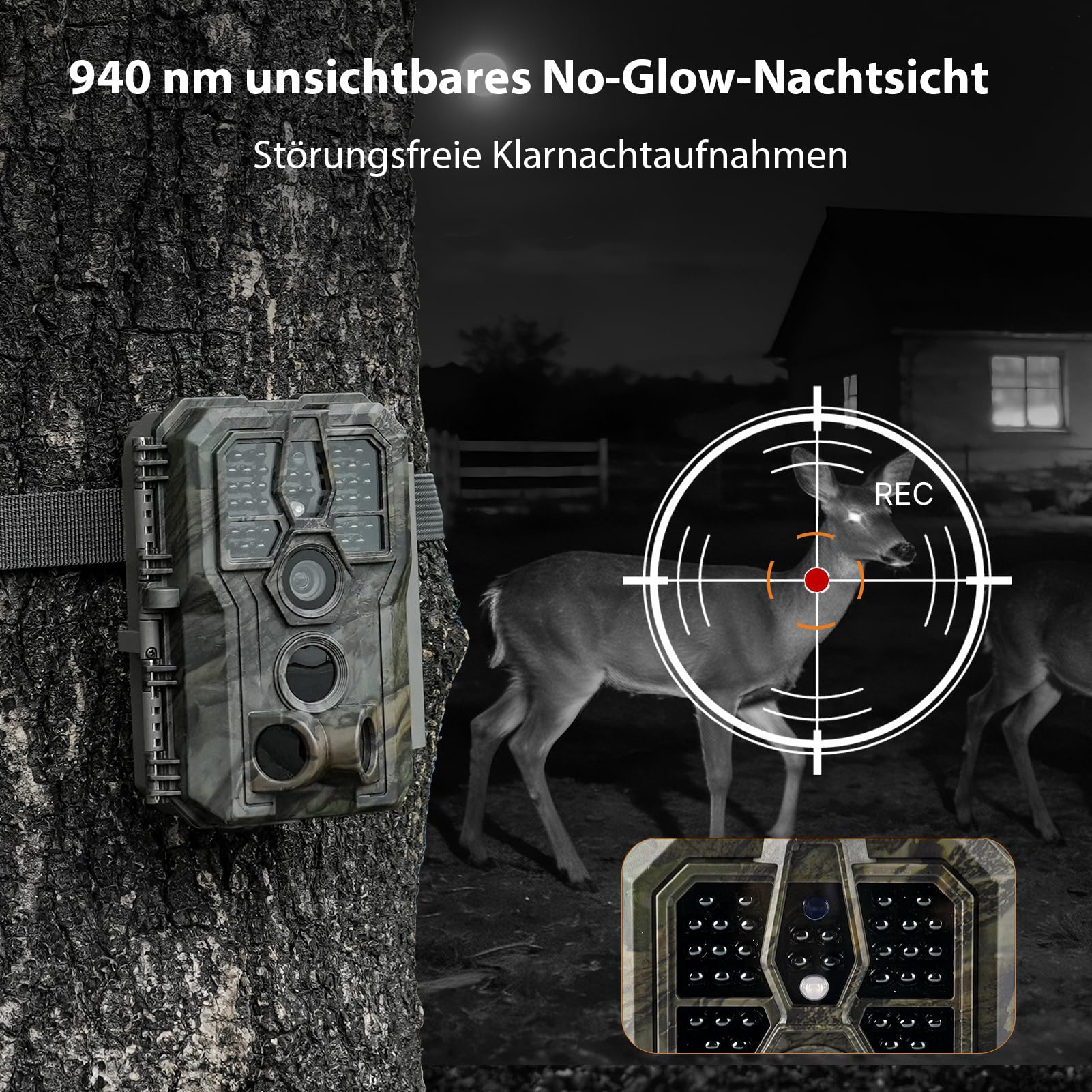 GardePro E5 2.0 4K Wildkamera mit 64GB SD-Karte | 64MP Wildkamera mit bewegungsmelder nachtsicht, 0,1s Auslöser, 30m no-Glow Nachtsicht, IP66 wasserdicht